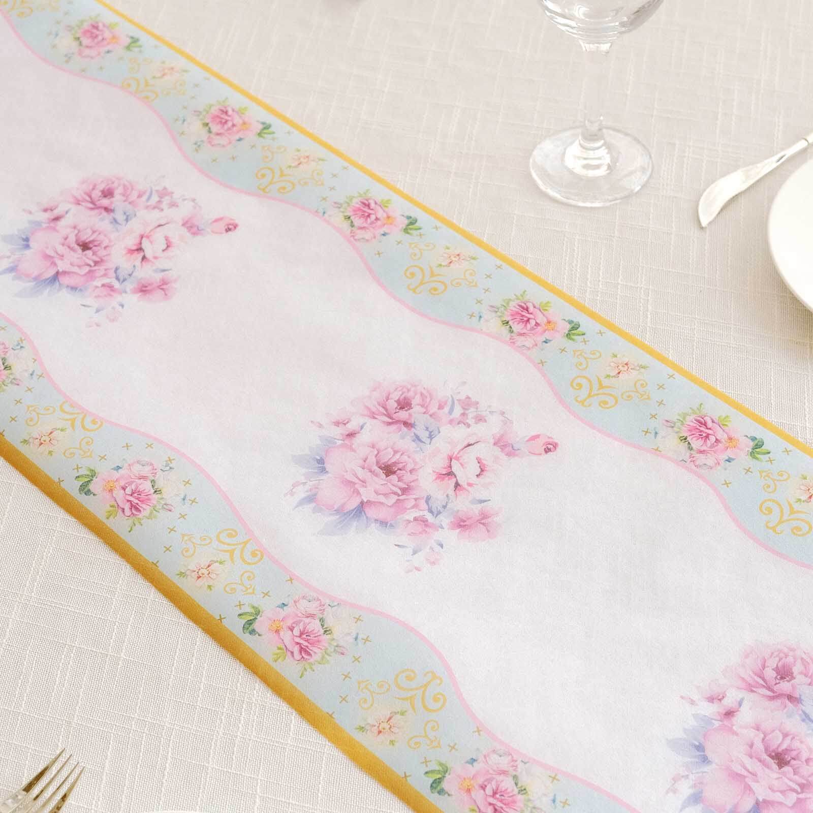 Disposable Table Runner 11"x108" White with Pink Peony Floral Print - Non-woven Stylish Spring Summer Dining Decor