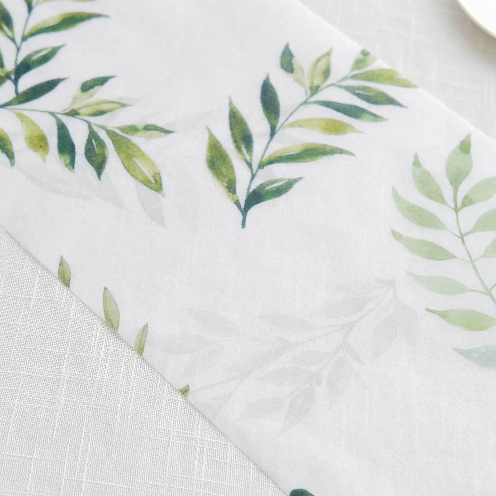 Disposable Table Runner 11"x108" White with Green Olive Leaves Print - Non-woven Stylish Spring Summer Dining Decor