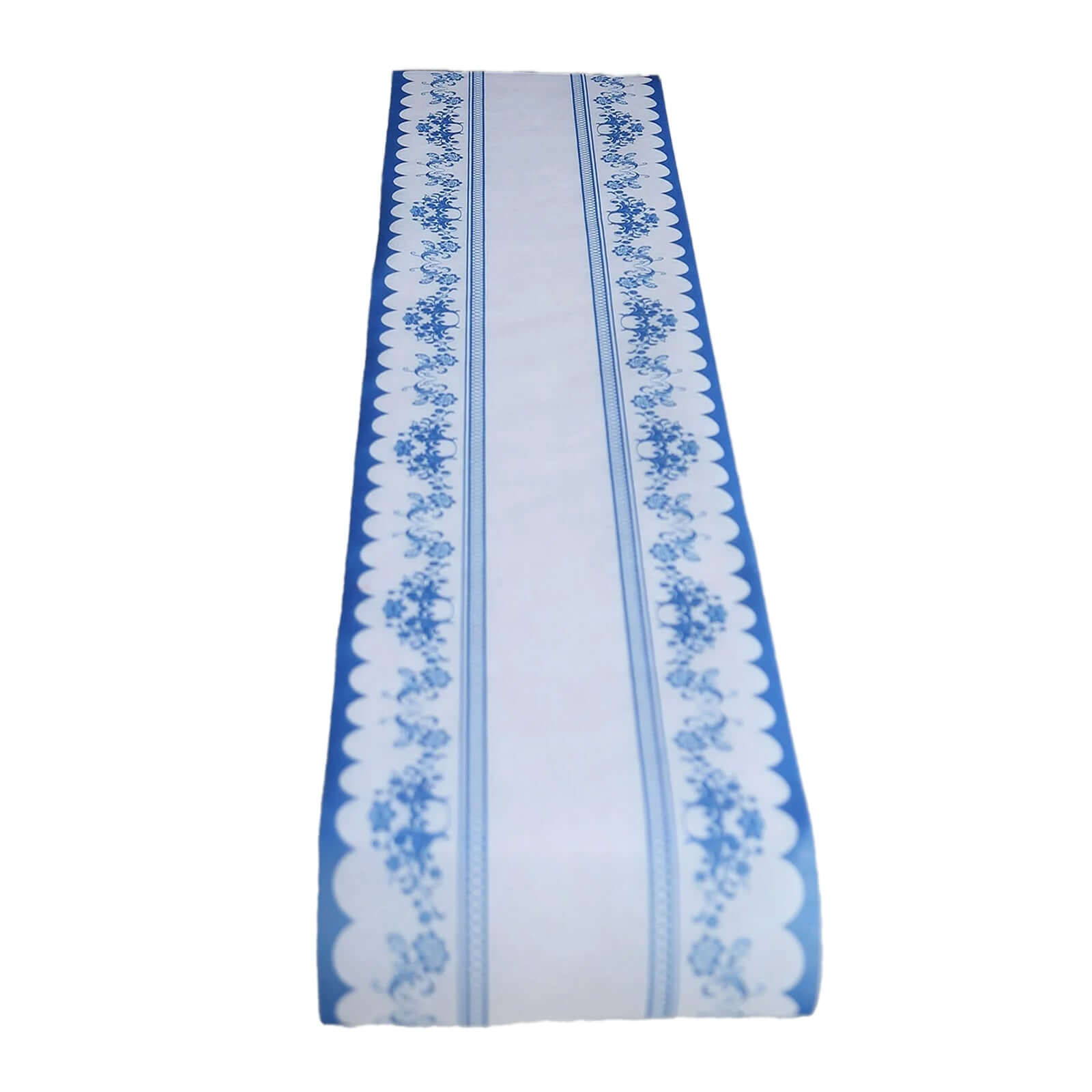 5 Pack Disposable Table Runners 11"x108" White with Blue Ornate Floral Prints - Non-woven Stylish Kitchen Dining Table Decor