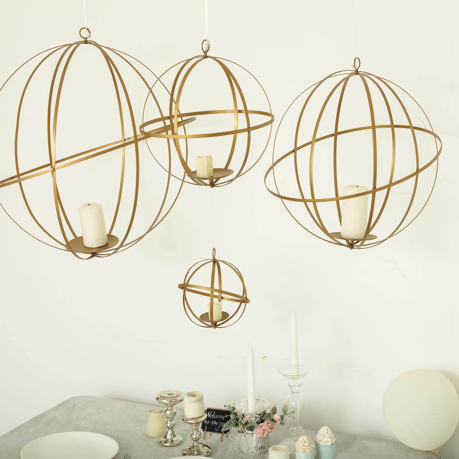 Hanging Sphere Candle Holder Gold Wrought Iron Event Display Accent - Centerpiece 24"