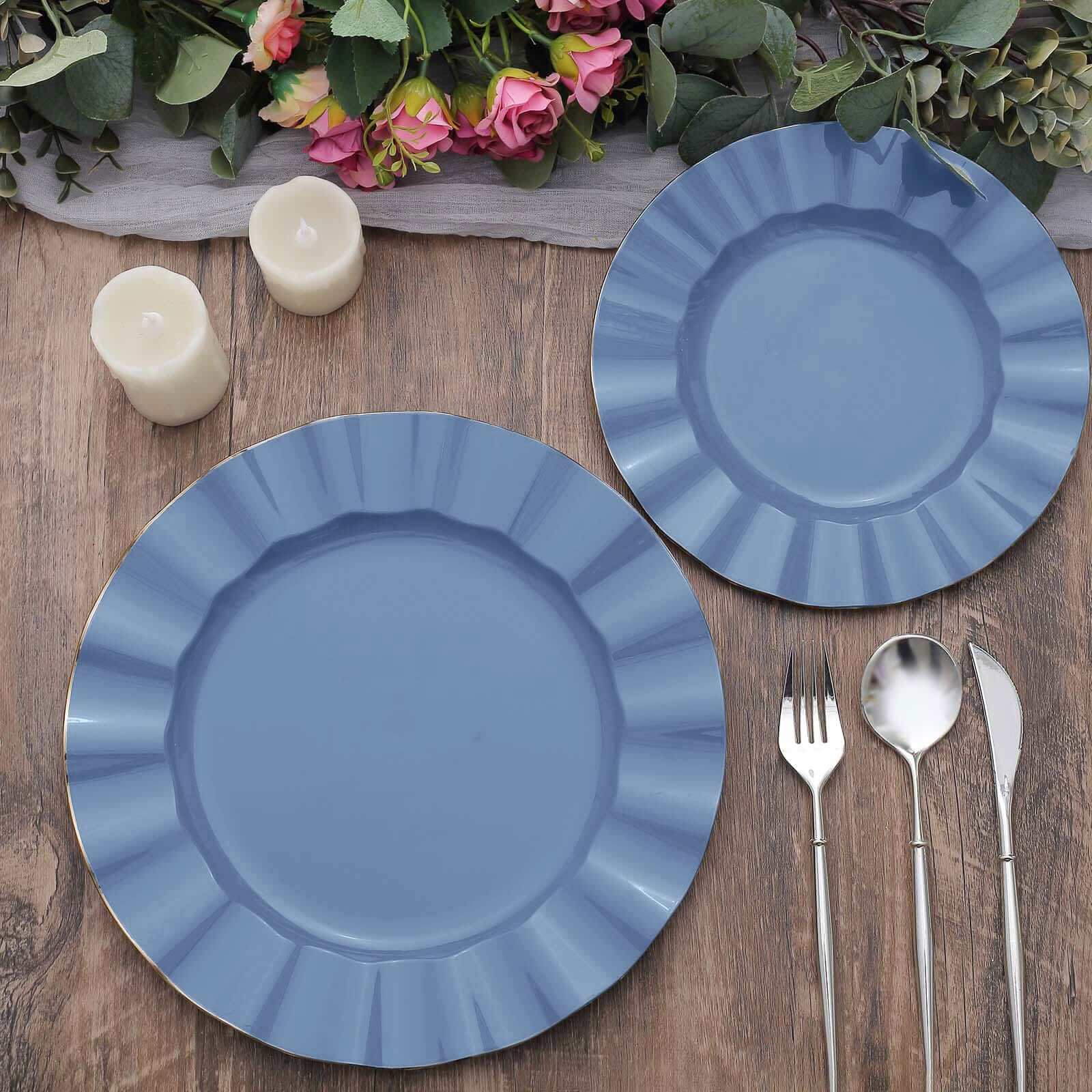 10-Pack Plastic 9" Round Dinner Plates in Ocean Blue Ruffled Rim with Gold Edging - Sturdy Disposable Dinnerware