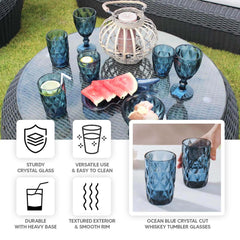 6-Pack Whiskey Glasses Ocean Blue Textured Crystal Cut Design with Heavy Base - Highball Tumblers for Parties & Events 12oz 5"