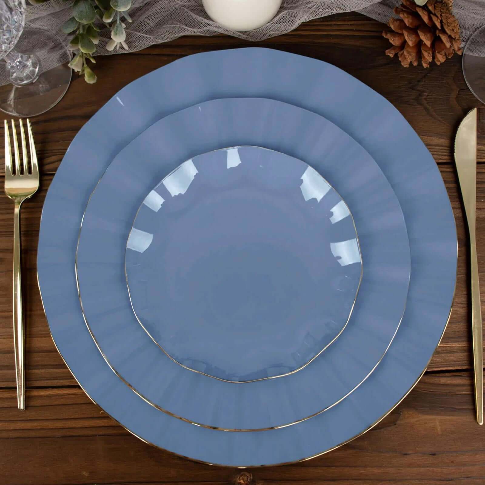 10-Pack Plastic Round 6" Dessert Plates in Ocean Blue Ruffled Rim with Gold Edging - Sturdy Disposable Salad Appetizer Dinnerware