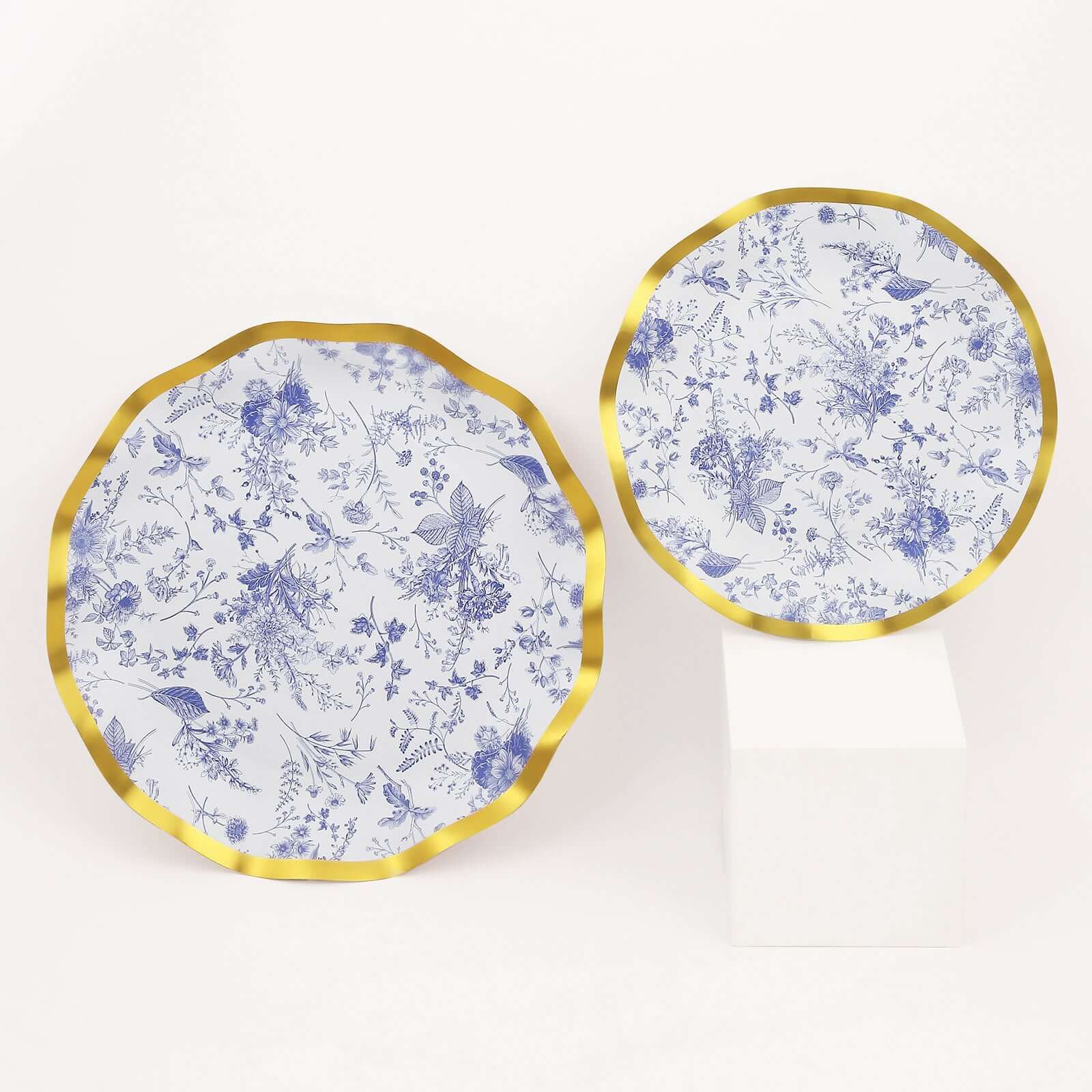25-Pack Paper Round Dinner Plates 10" in White with Blue French Toile Pattern & Gold Wavy Rim - Disposable 350GSM Party Plates