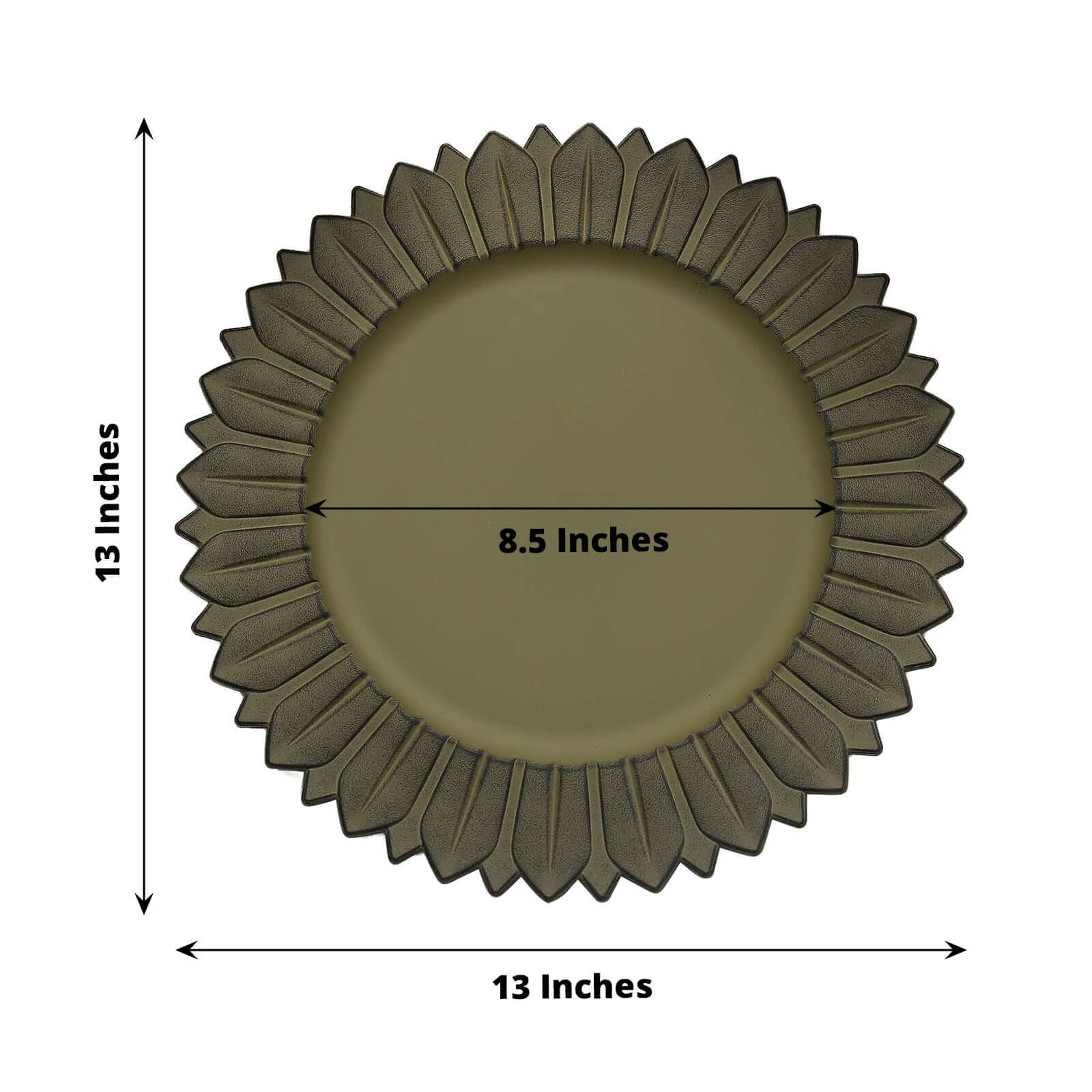6-Pack Plastic Round Charger Plates 13" in Olive Green with Sunflower Rim, Matte Finish Disposable Dinner Charger Tableware