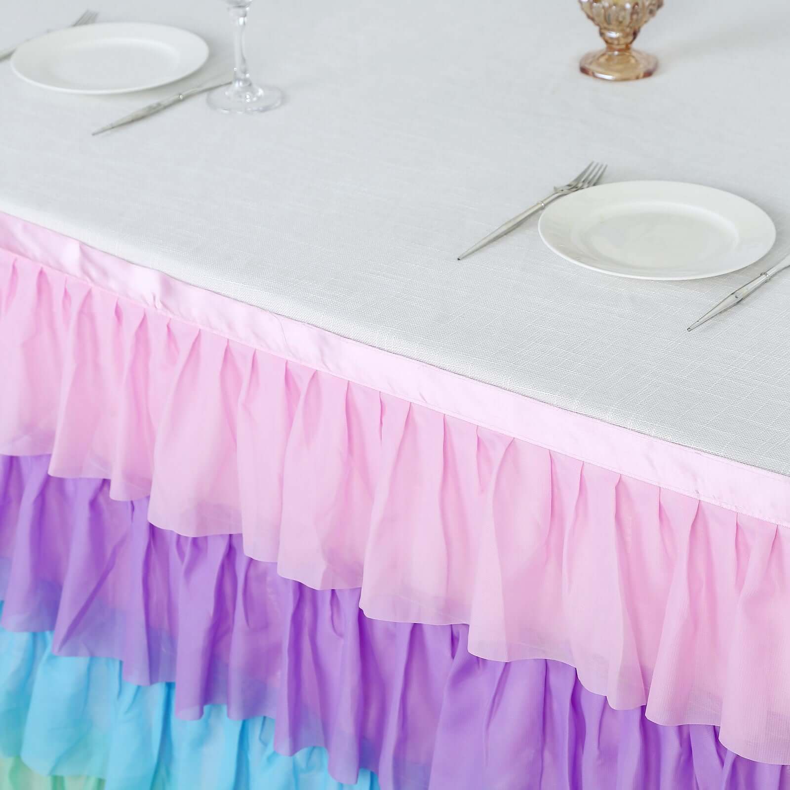 Chiffon 14ft Table Skirt Gradient Unicorn - 5-Tier Ombre Ruffled Tutu Table Cover with Satin Backing for Enchanting Events