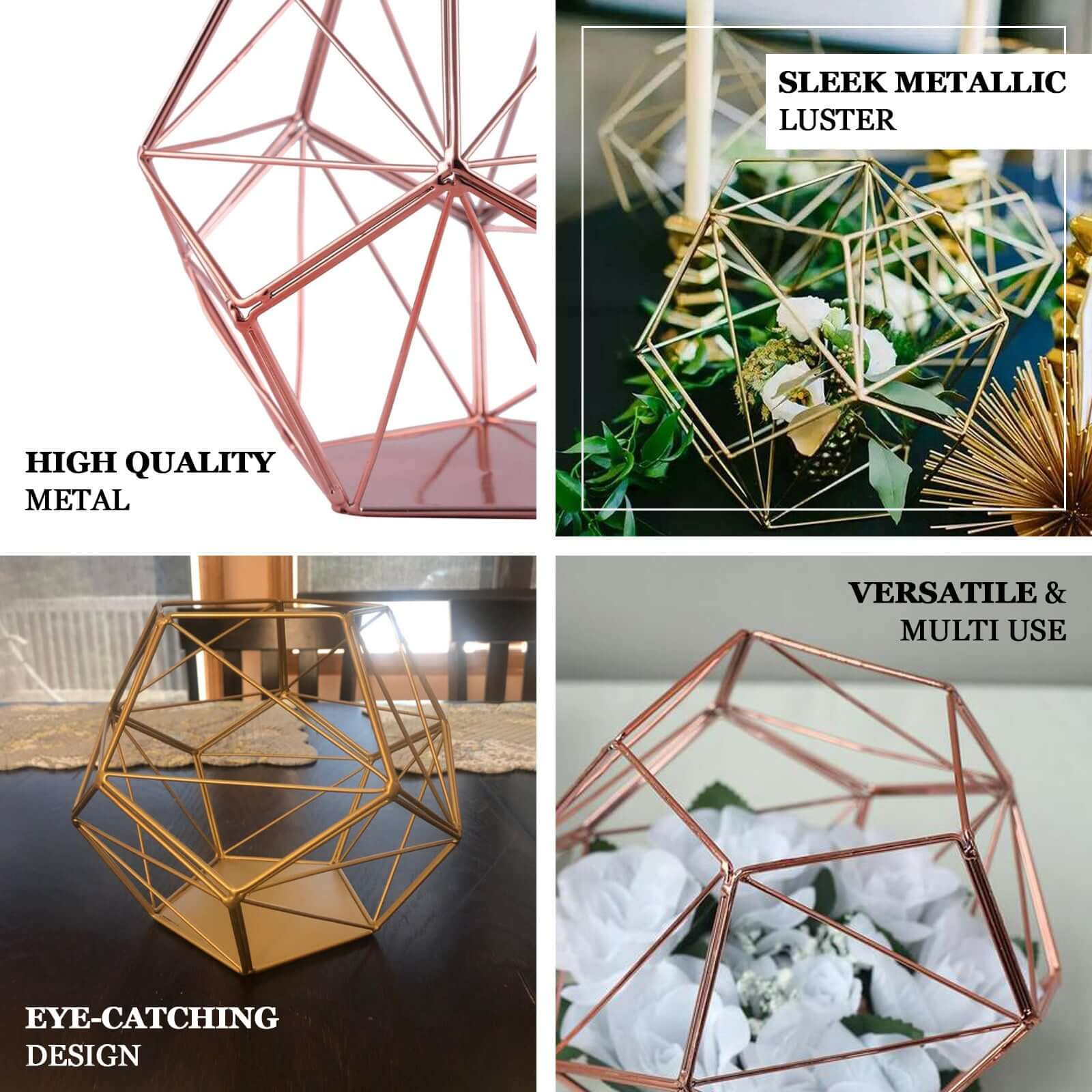 Tealight Candle Holder Rose Gold Metal Pentagon Prism Geometric Open Frame - Flower Stand 7"