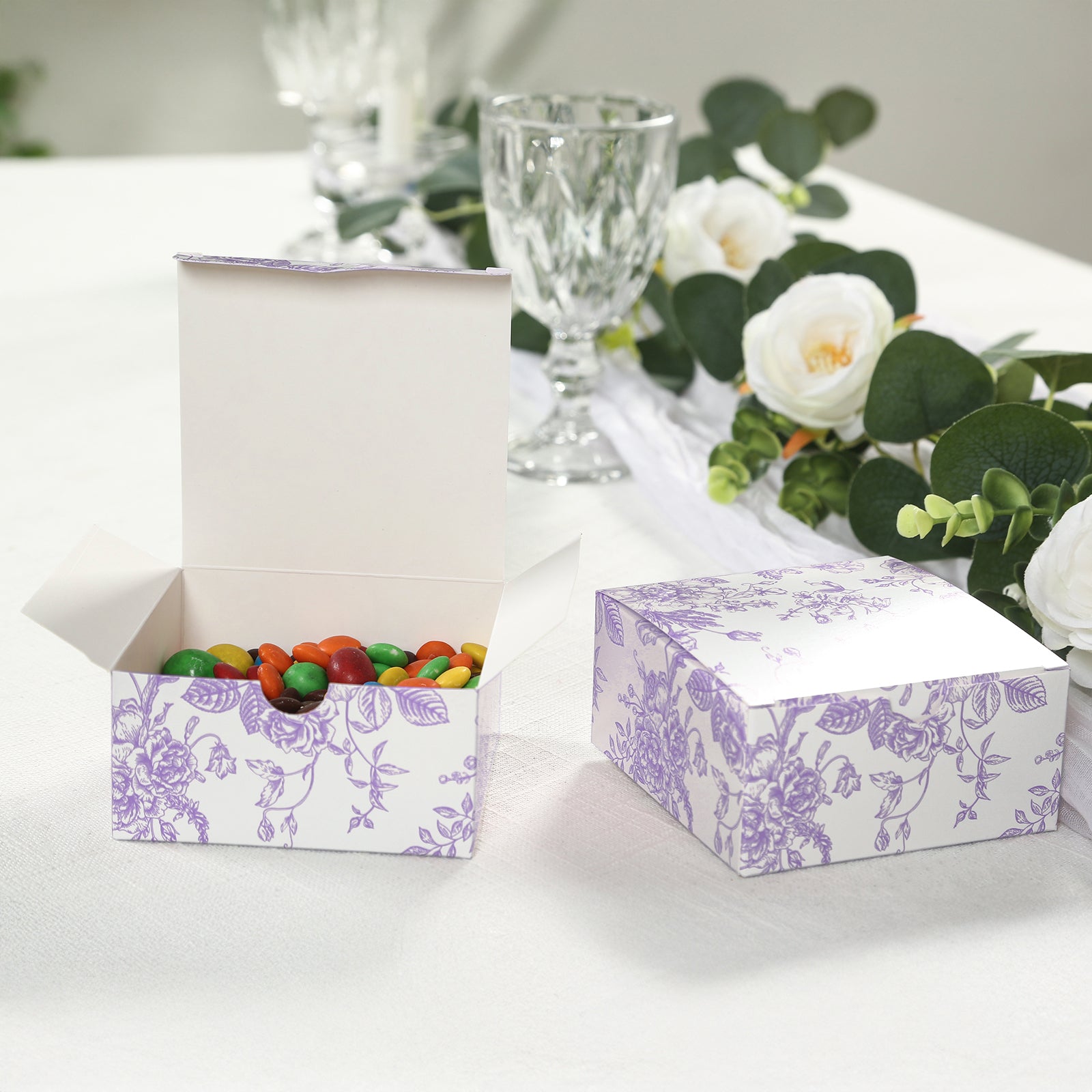25 Pack Party Favors Boxes in French Toile Pattern, Matte Lavender and White Candy Gift Boxes - Cardstock Paper - 4"x4"x2"