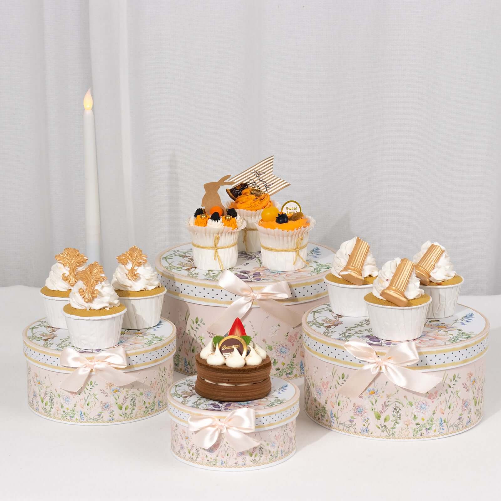 Set of 4 Cardstock Round Nesting Gift Boxes Blush Floral Design - Decorative Heavy Duty Stackable Keepsake Boxes With Lids for Presents Storage & Pedestal Stand 5",7",8",9"