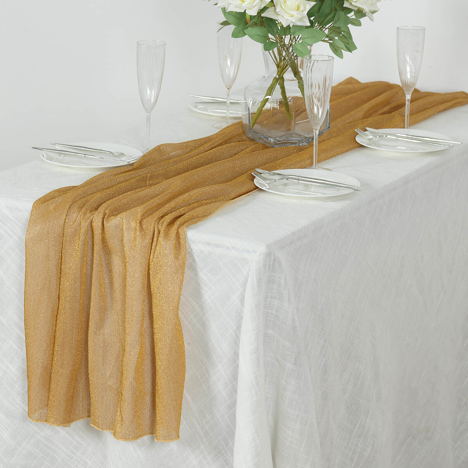 Glitter Gauze 27"x120" Table Runner Gold - Sparkling Reusable Wrinkle-Free Sheer Table Linen for Events