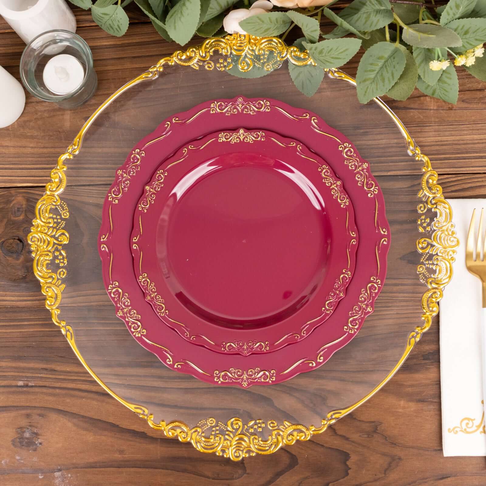 10-Pack Plastic 7" Round Dessert Plates in Burgundy with Gold Vintage Embossed Rim - Sturdy Disposable Scalloped Edge Salad Plates