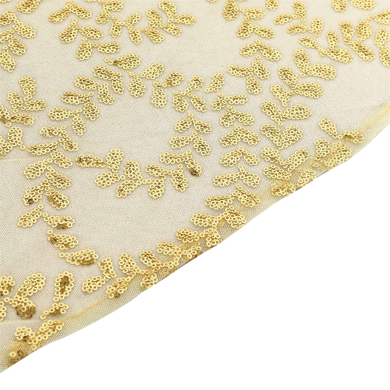 Tulle 120" Round Tablecloth Gold - Seamless Sequin Leaf Embroidered Design for Sophisticated Occasions