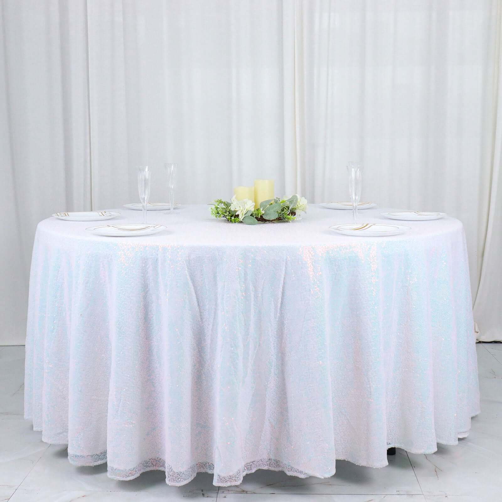 Sequin 120" Round Tablecloth Iridescent Blue - Seamless Glittering Table Cover