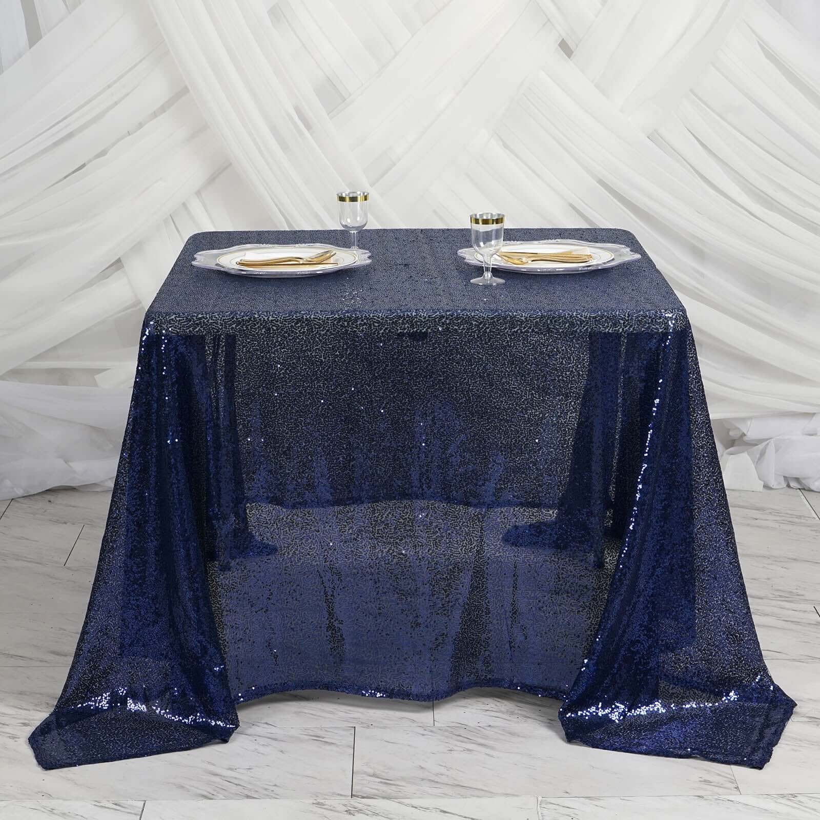 Sequin 90"x90" Table Overlay Square Tablecloth Navy Blue - Sparkly Table Cover