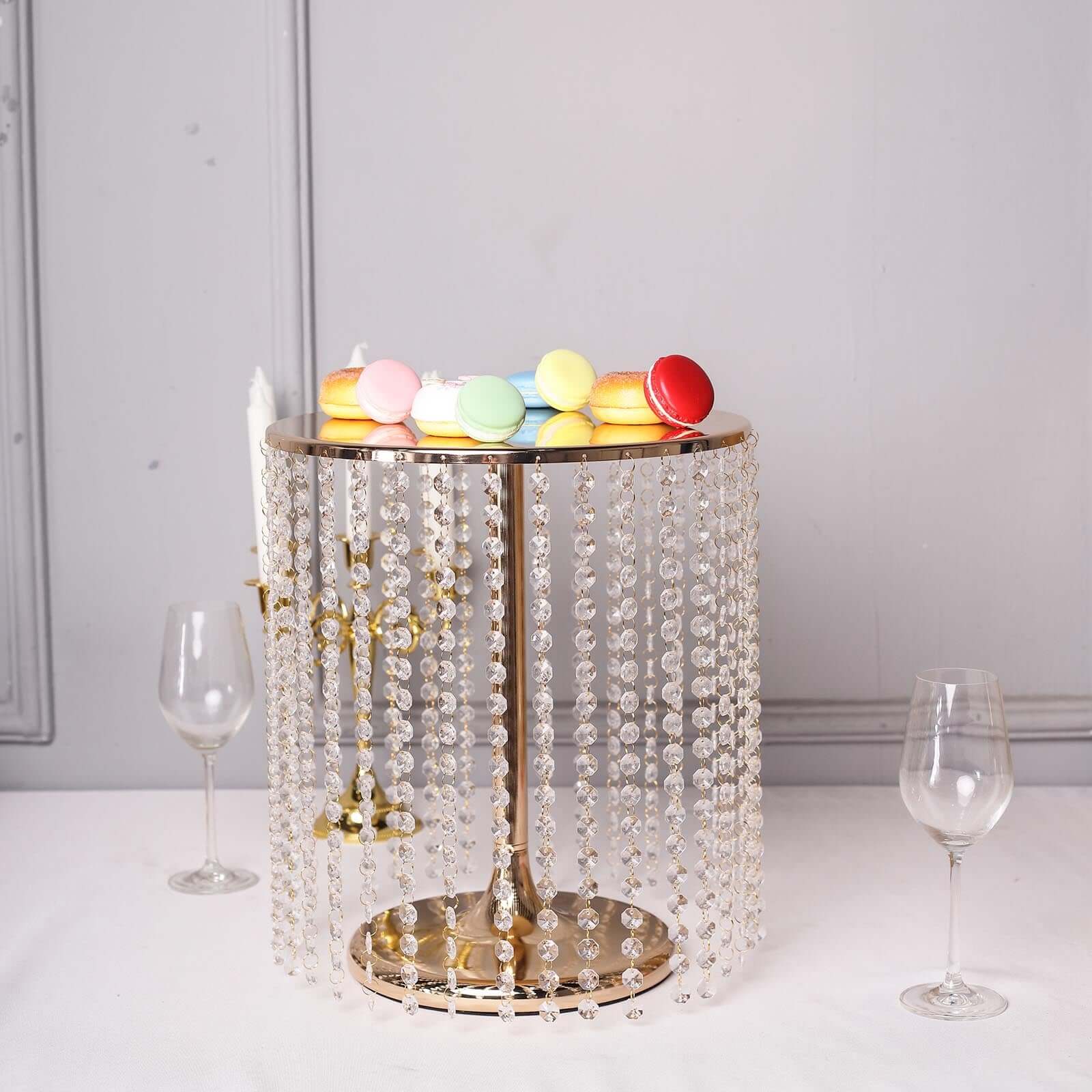 Metal Cake Stand Round Design Metallic Gold with Crystal Chains 14" Dia - Cupcake Dessert Pedestal 16"Tall