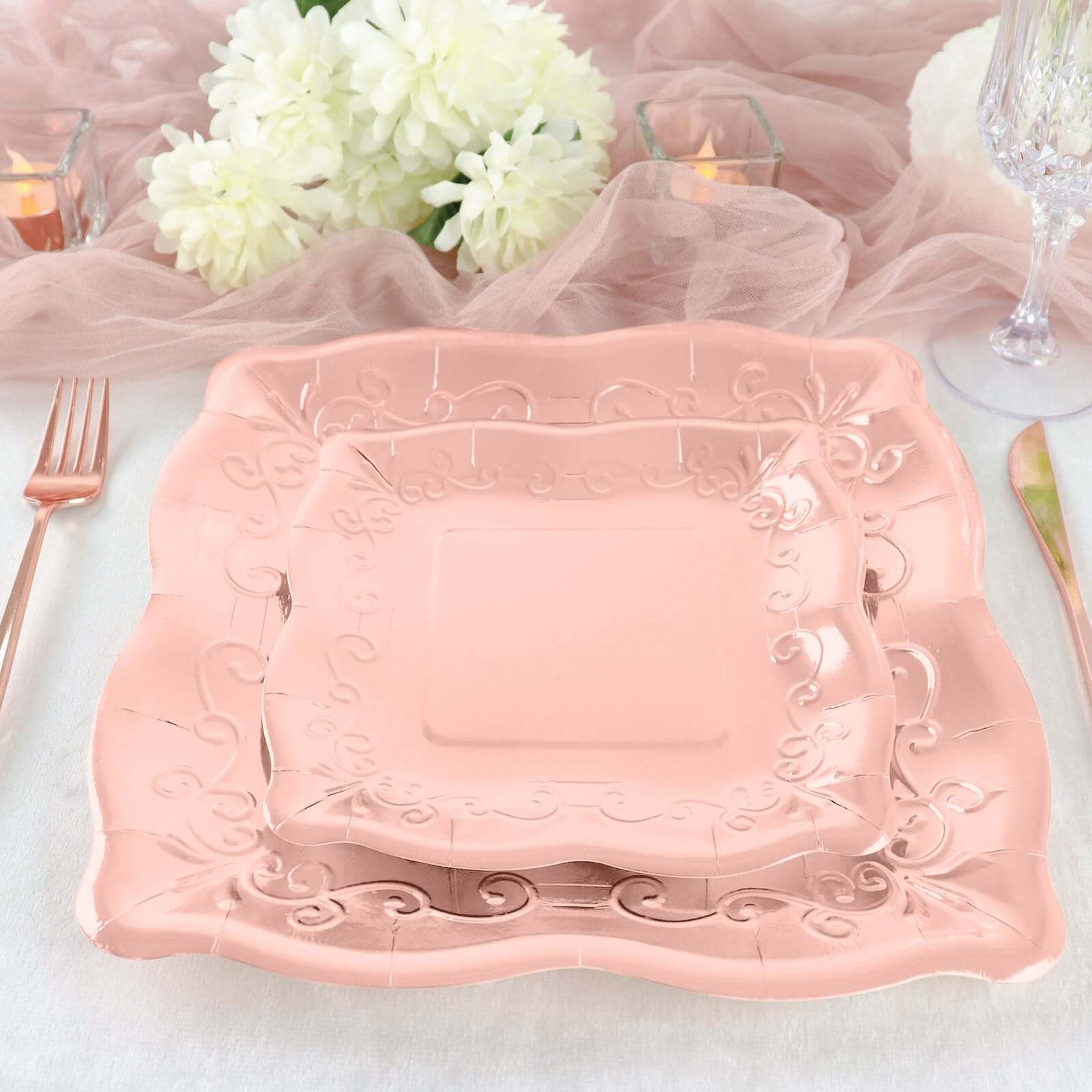 25-Pack Paper 7" Square Dessert Plates in Rose Gold with Vintage Pottery Embossed Design - Shiny Metallic Disposable Appetizer Plates