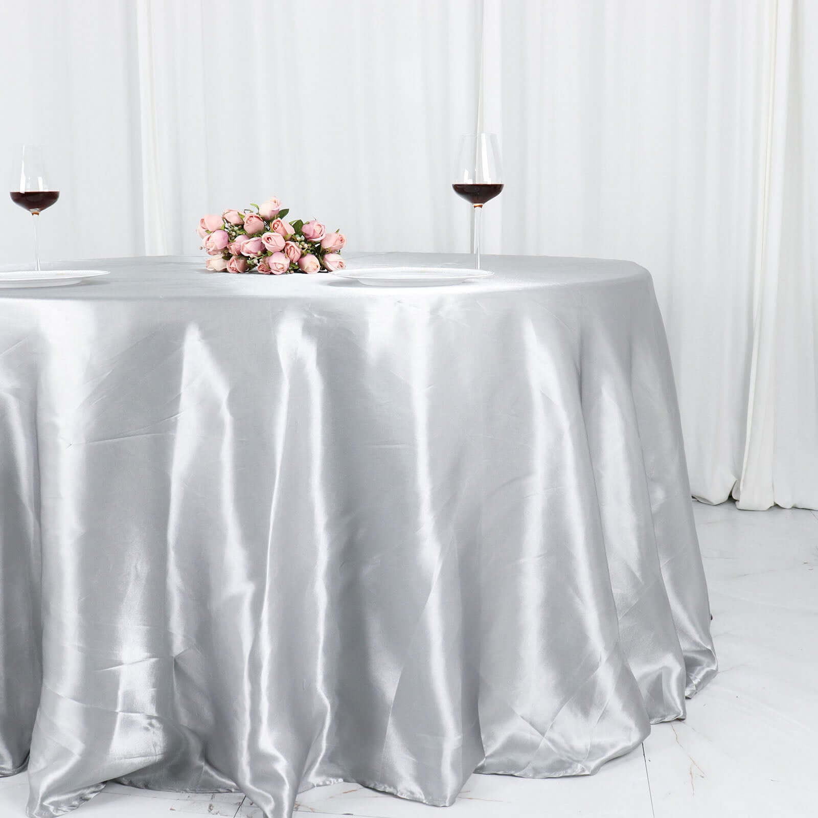 Satin 132" Round Tablecloth Silver - Stylish Seamless Table Cover