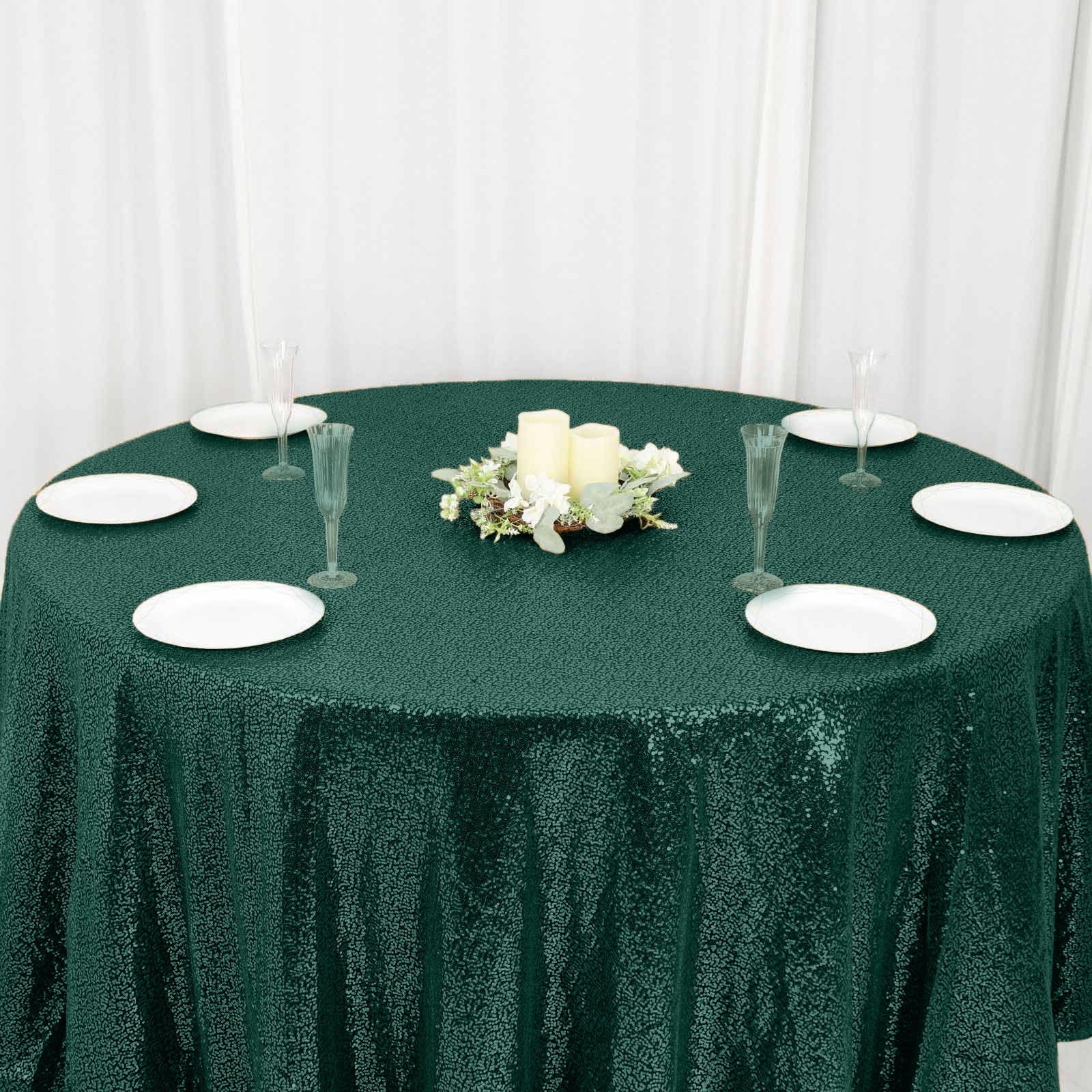 Sequin 120" Round Tablecloth Hunter Emerald Green - Seamless Glittering Table Cover