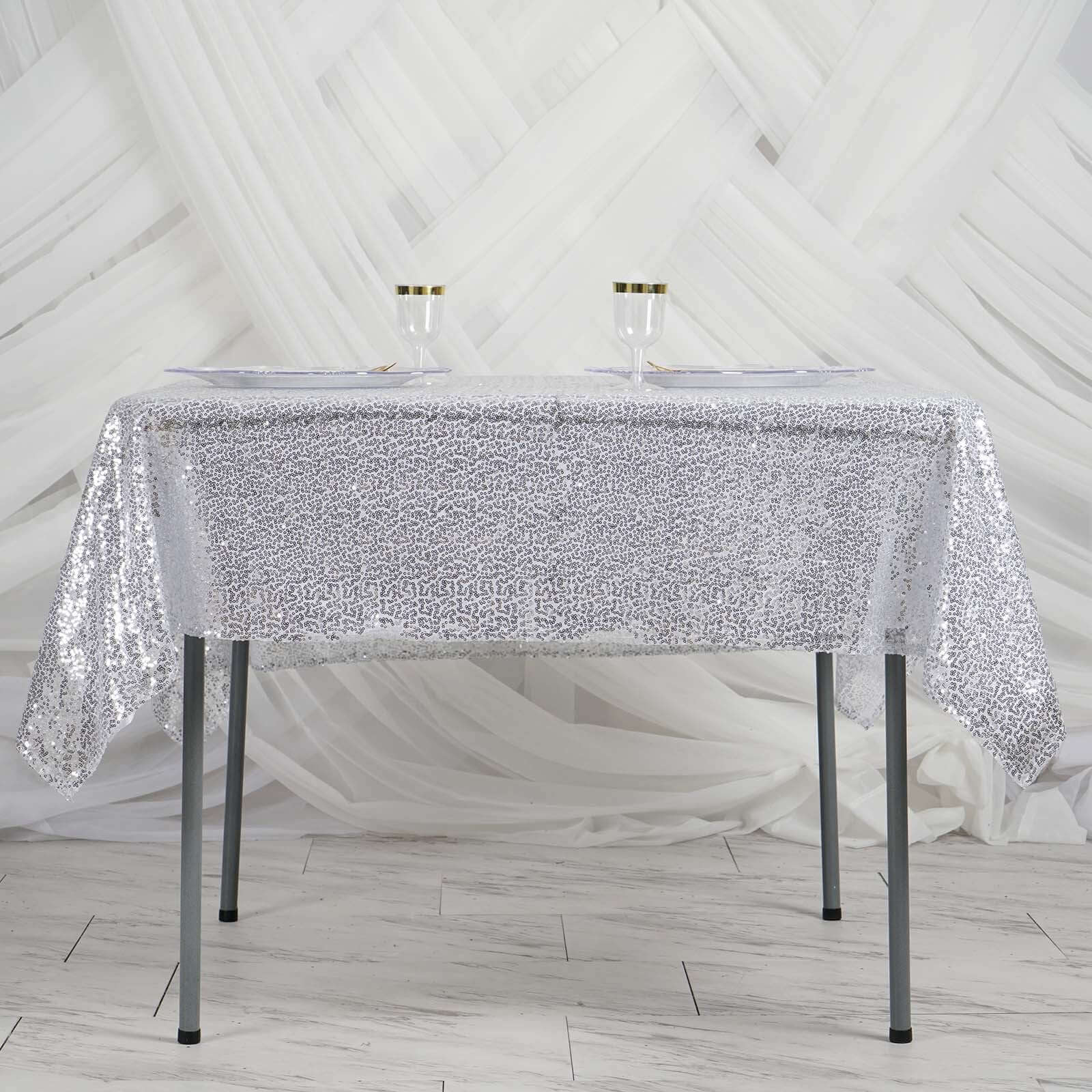 Sequin 60"x60" Table Overlay Square Tablecloth Silver - Luxe Wedding Table Topper