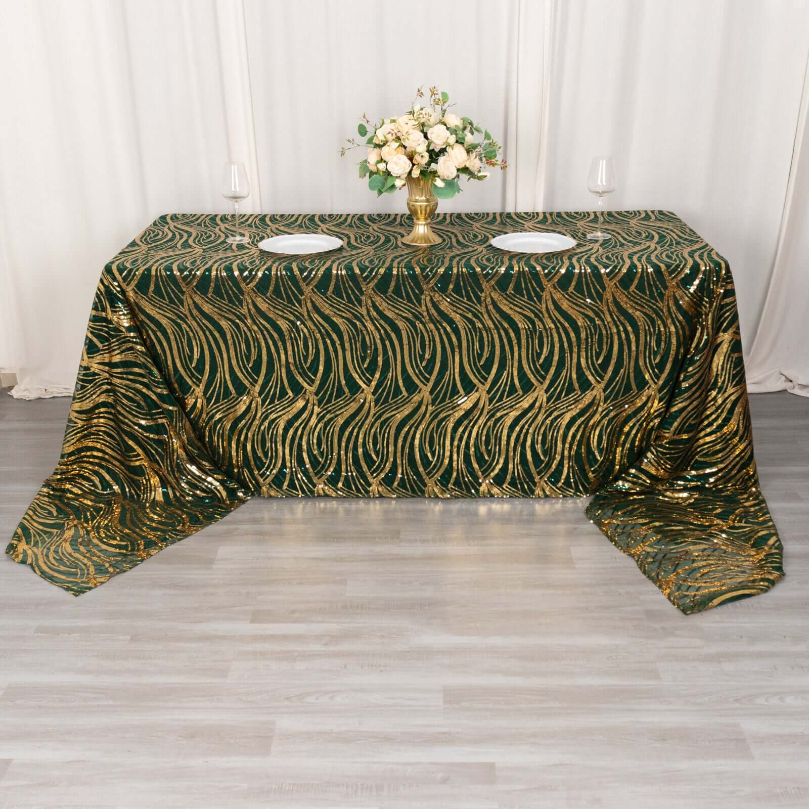 Mesh 90"x156" Rectangle Tablecloth Hunter Emerald Green/Gold - Wave Sequin Embroidered Table Cover