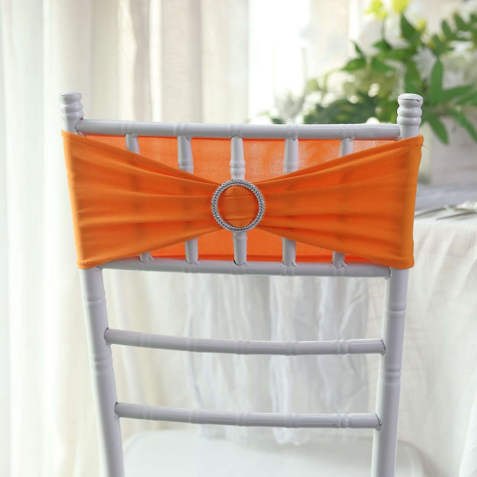 5 Pack Stretch Spandex Chair Sashes Orange - Reusable Chair Bands with Silver Diamond Ring Slide Buckle 5"x14"