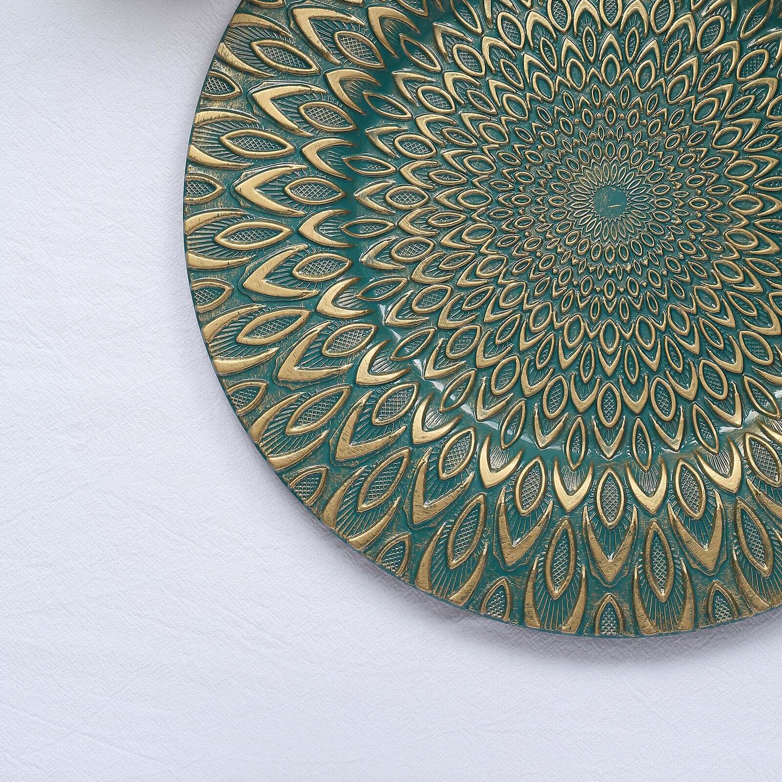 6-Pack Plastic Round Charger Plates 13" in Teal with Gold Embossed Peacock Pattern, Stylish Disposable Charger Tableware