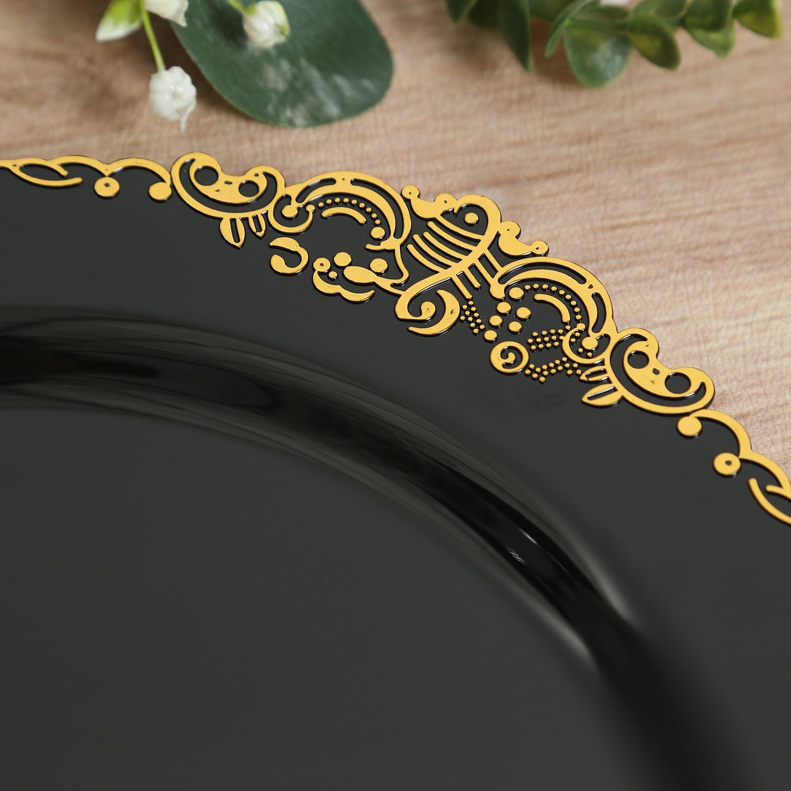 20-Pack Economy Plastic Round Charger Plates 13" in Black with Gold Embossed Baroque Rim, Stylish Dinner Party Serving Plates
