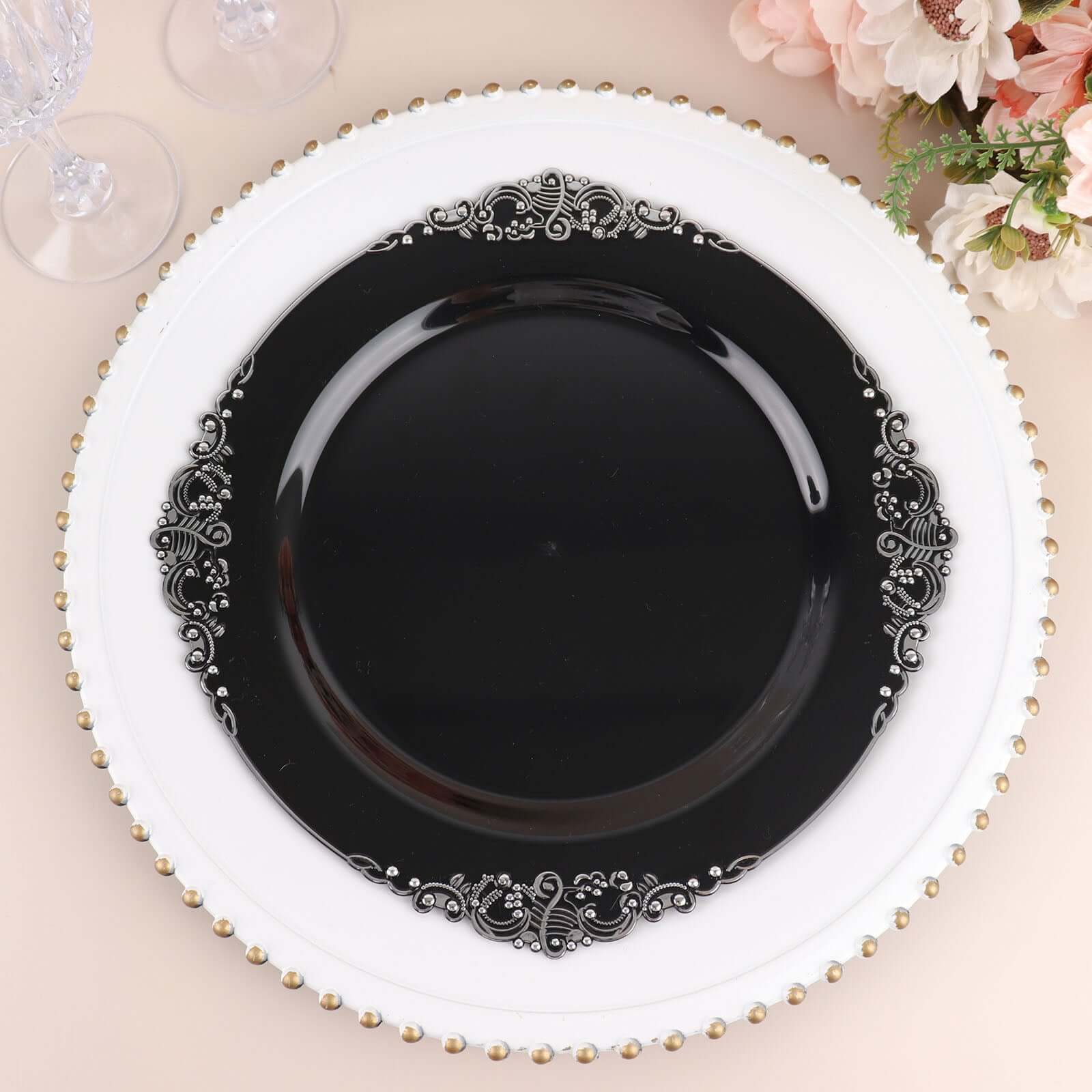 10-Pack Plastic 10" Round Dinner Plates in Black with Silver Leaf Embossed Rim - Disposable Vintage Baroque Style Plates