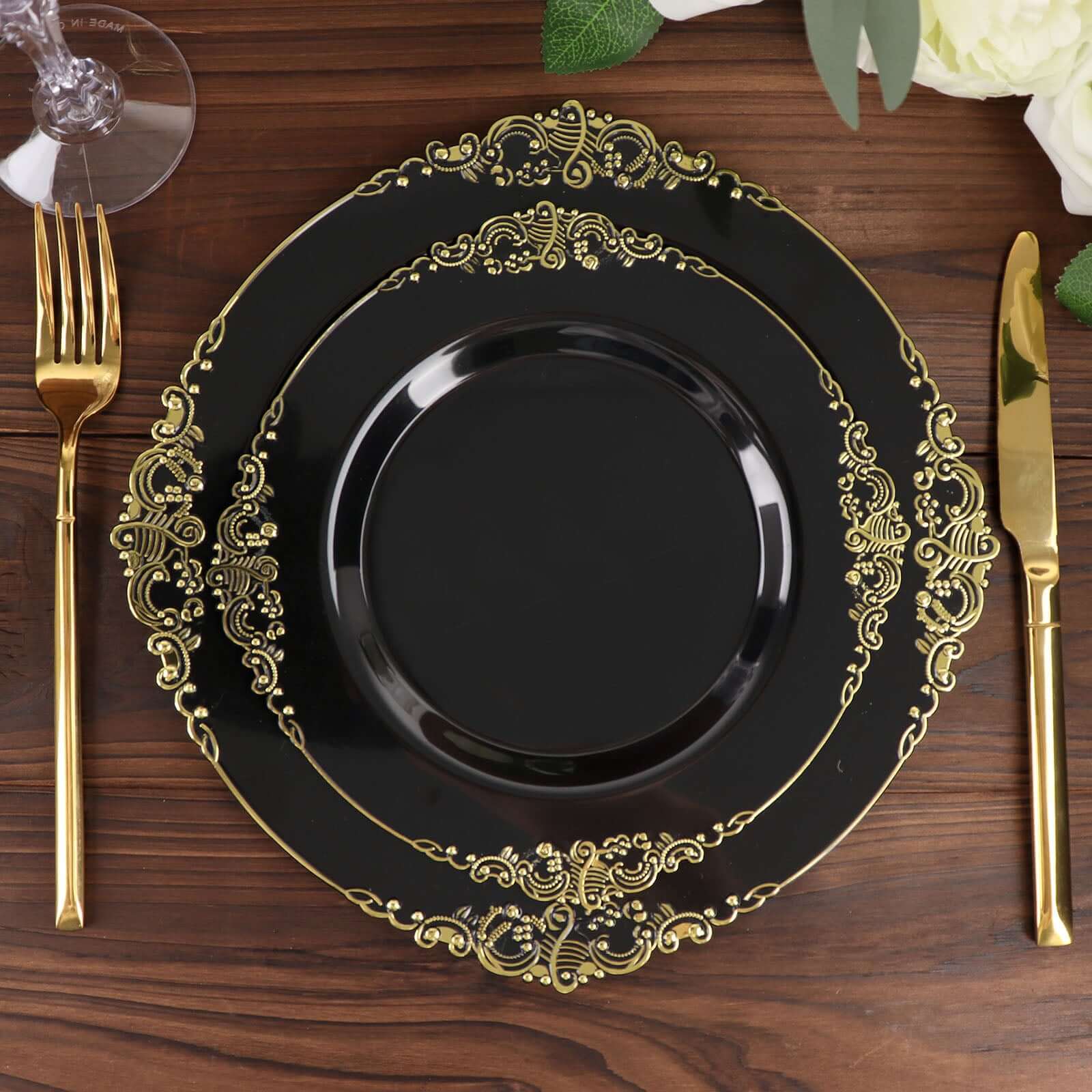 10-Pack Plastic 8" Round Dessert Plates in Black with Gold Leaf Embossed Rim - Disposable Vintage Baroque Style Salad Plates