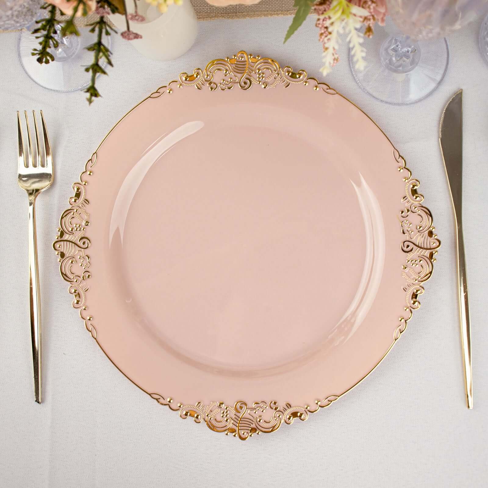 10-Pack Plastic 10" Round Dinner Plates in Blush with Gold Leaf Embossed Rim - Disposable Vintage Baroque Style Plates