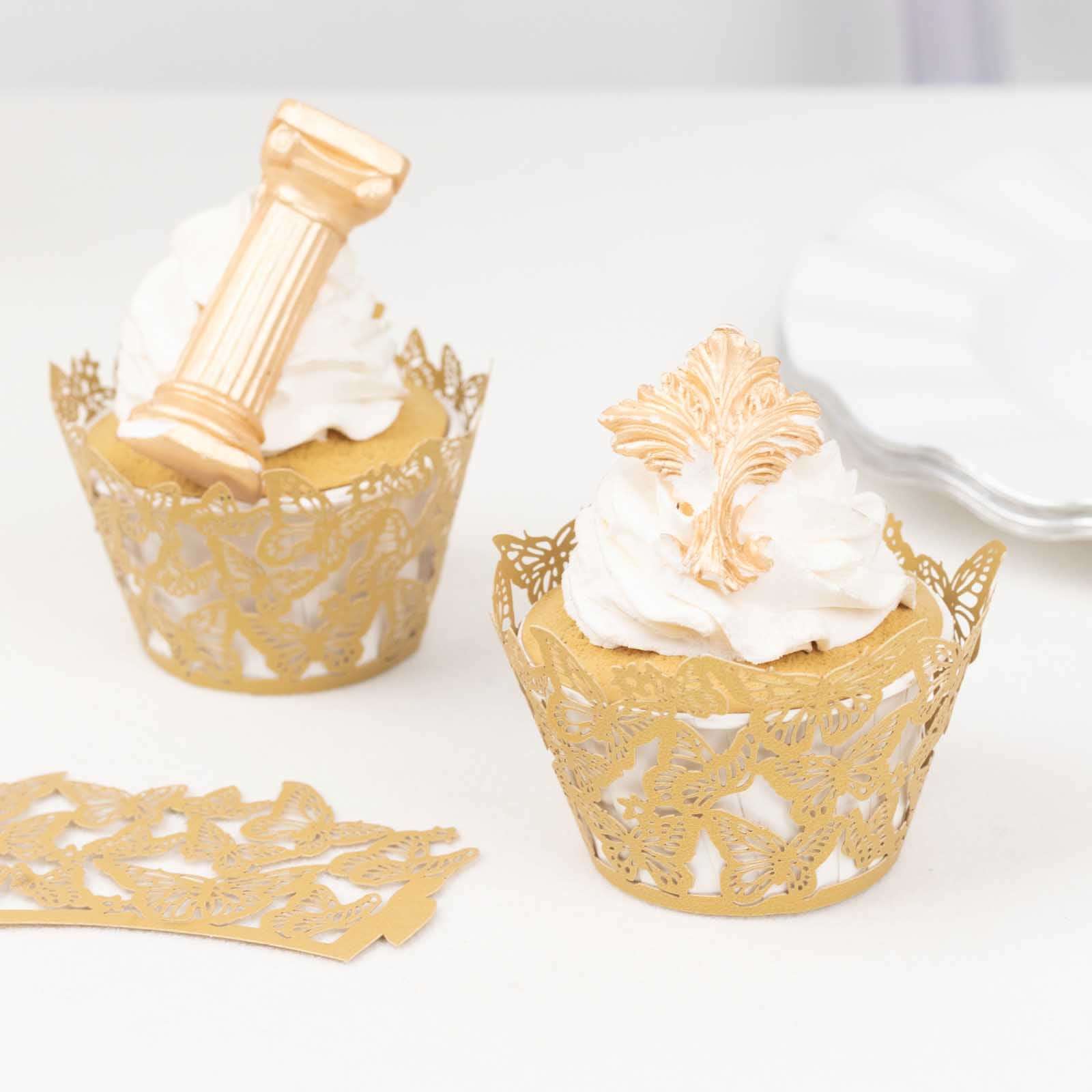 25-Pack Paper Cupcake Liners Butterfly Lace Pattern Design Gold - Round Muffin Wrapper Cups 3"