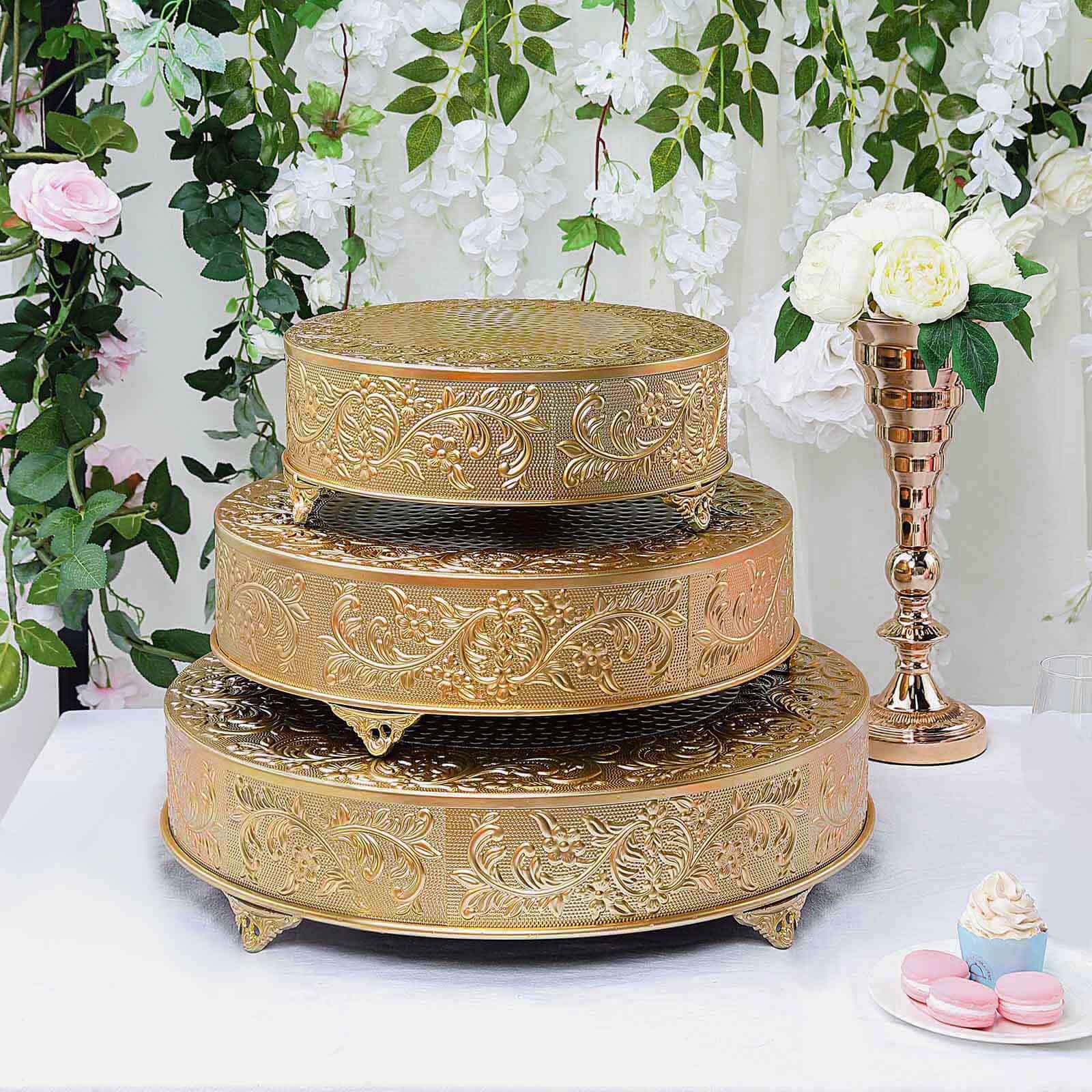 Metal 14" Round Cake Pedestal Stand Matte Gold - Cupcake Dessert Display Riser with Intricate Embossed Design for Upscale Events & Gatherings