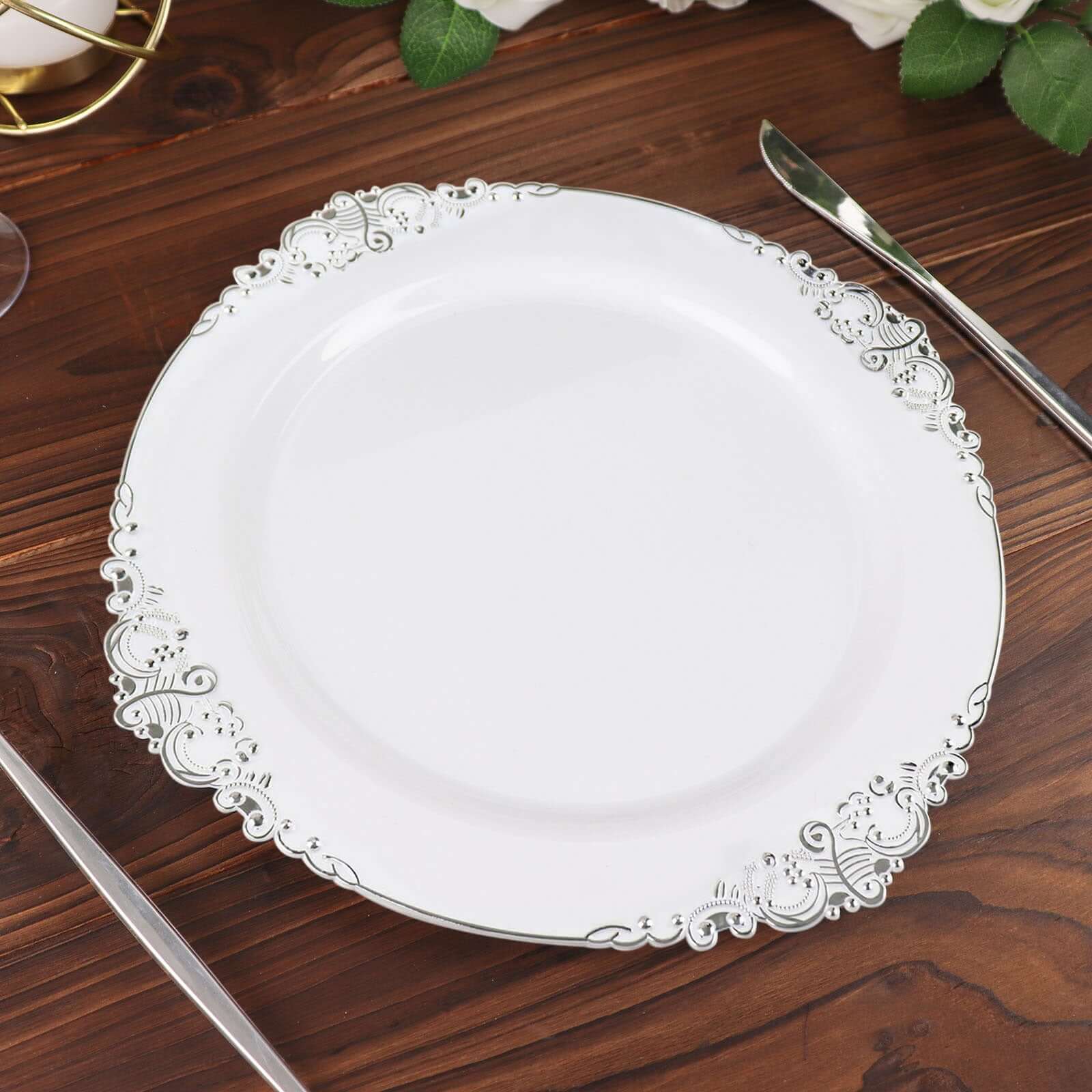 10-Pack Plastic 10" Round Dinner Plates in White with Silver Leaf Embossed Rim - Disposable Vintage Baroque Style Plates