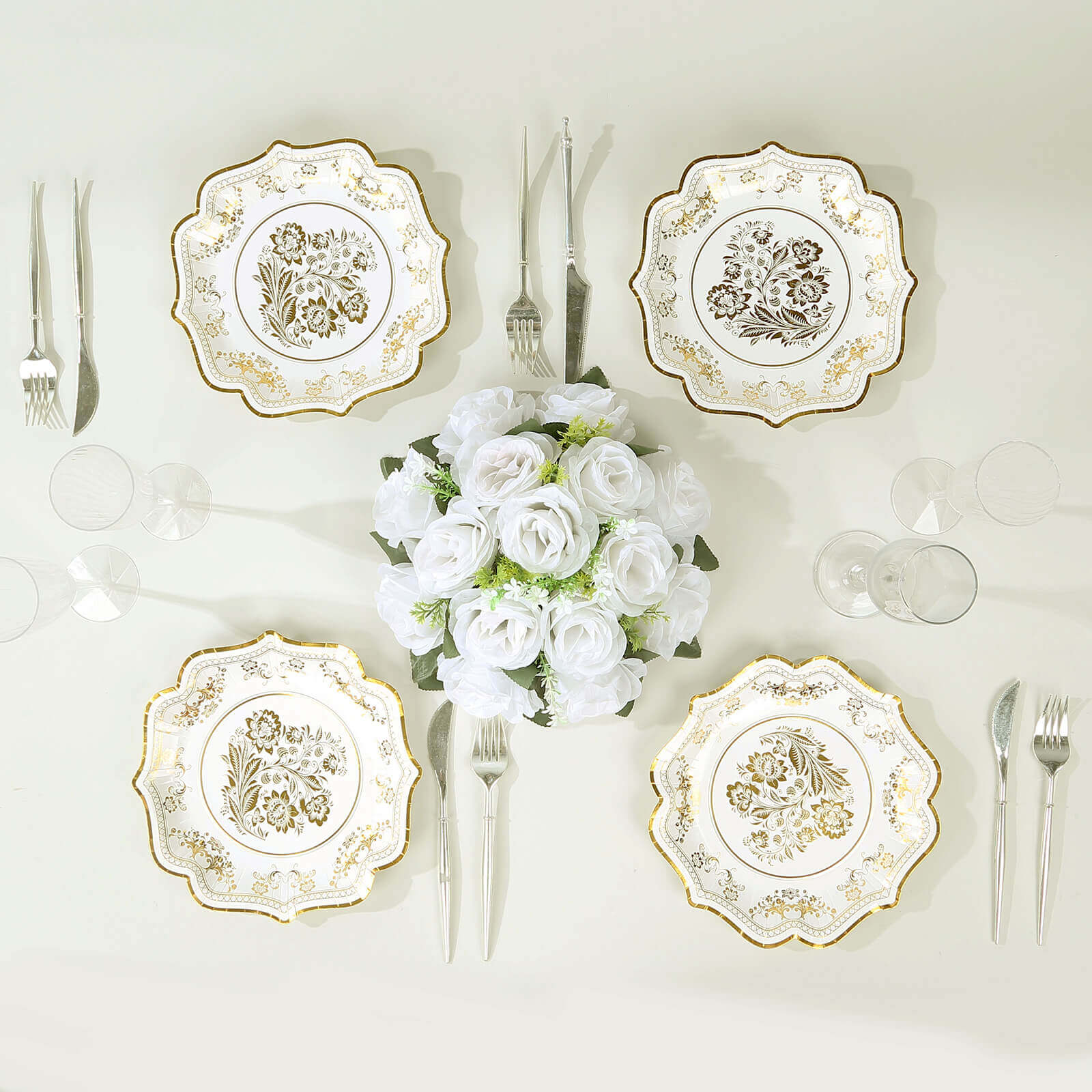 25-Pack Paper Dessert Plates in White with Gold Damask Floral Print & Scallop Rim - Stylish Disposable 300GSM Floral Salad Appetizer Plates for Weddings & Events 8"