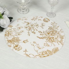 6-Pack Disposable Table Placemats in French Toile Print 13" in White/Gold - Chic Floral Cardboard Placemats for Stylish Table Setting