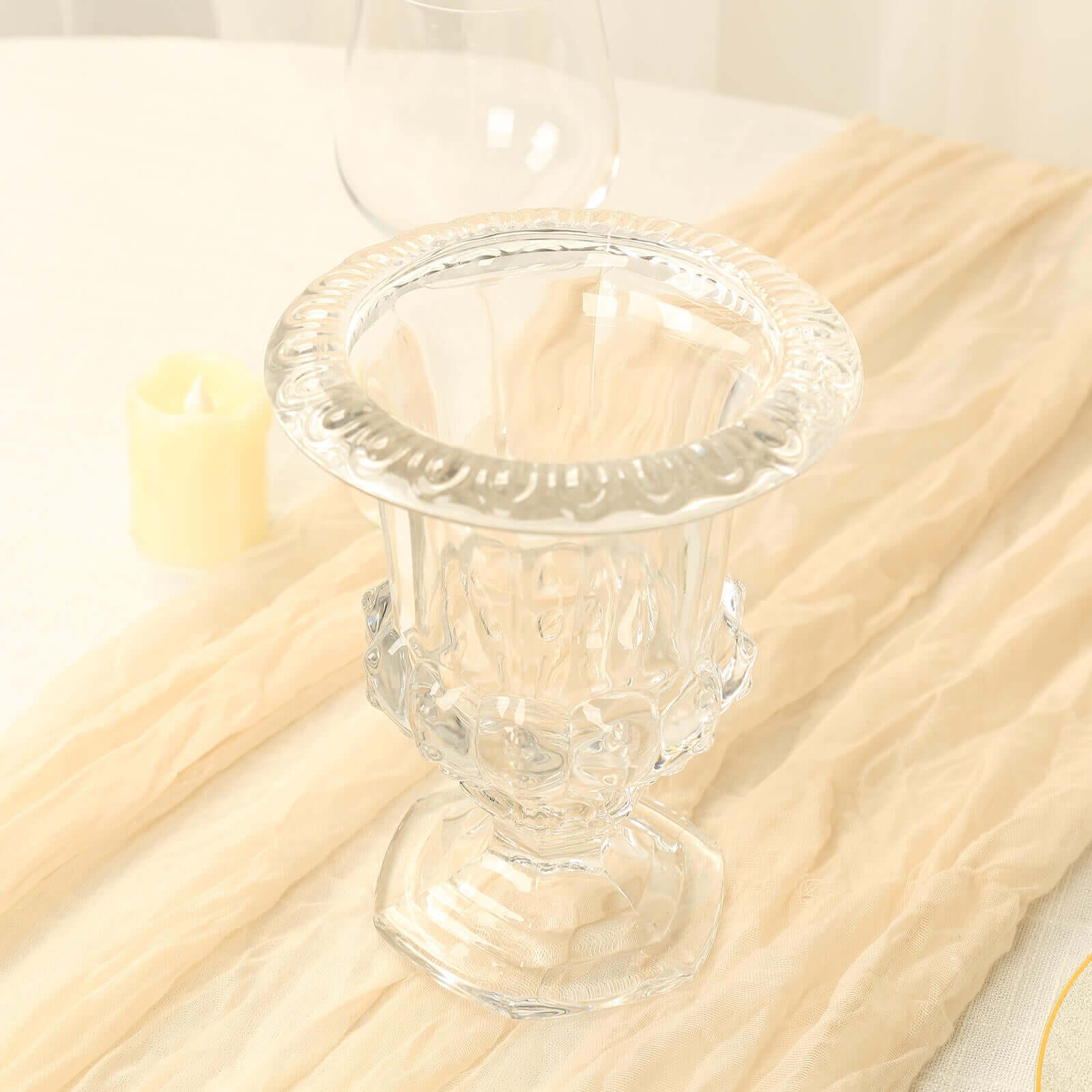 2-Pack Glass Mini Pedestal Flower Vases in Classic Roman Urn Style Clear - Sophisticated Wedding Table Centerpieces 6"