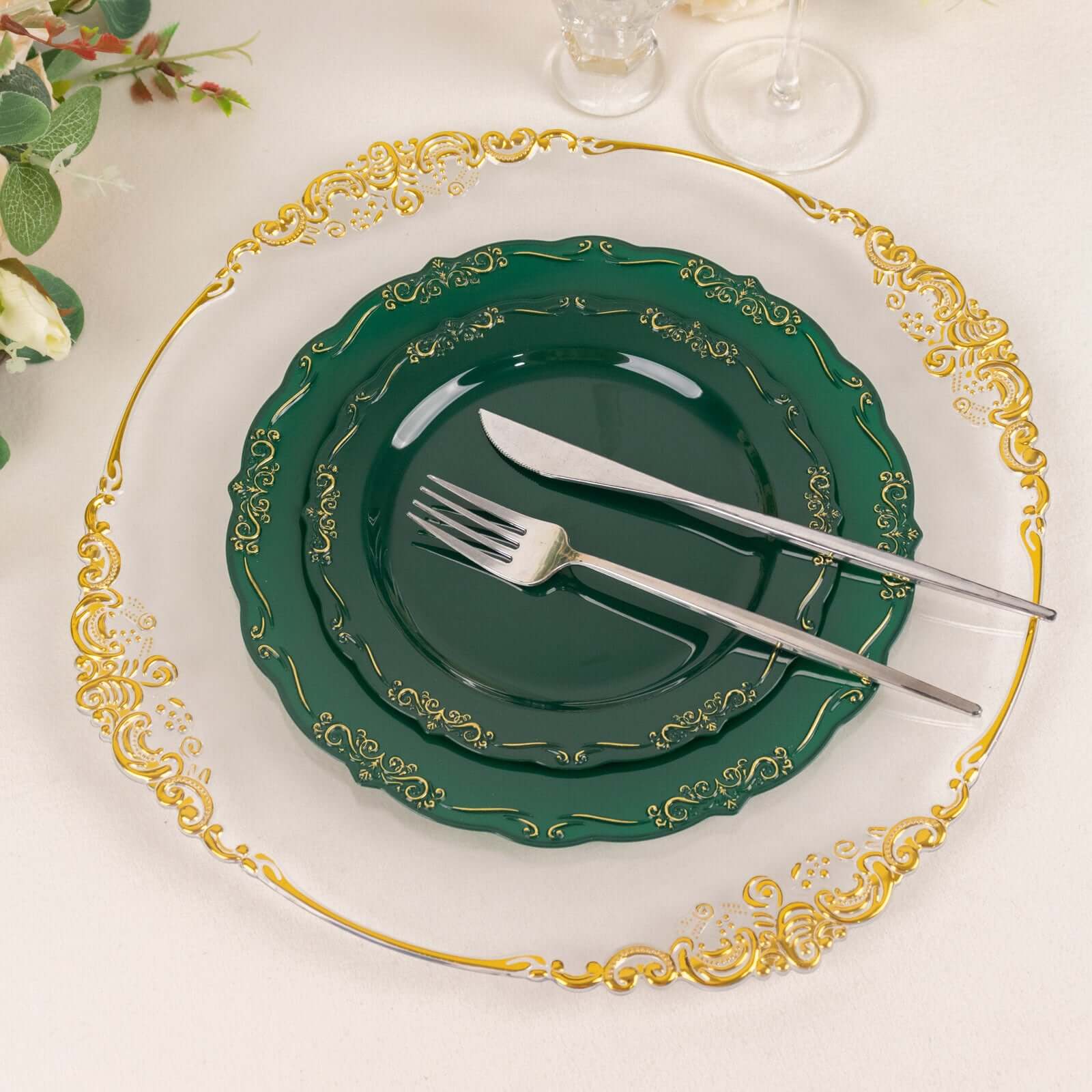 10-Pack Plastic 10" Round Dinner Plates in Hunter Emerald Green with Gold Vintage Embossed Rim - Sturdy Disposable Scalloped Edge Party Plates