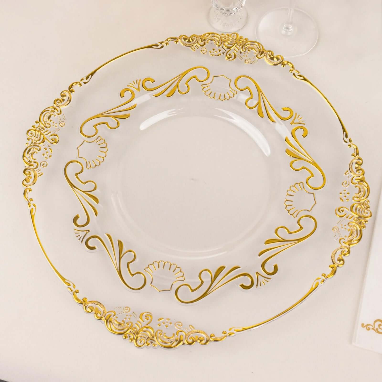 10-Pack Plastic 10" Round Dinner Plates in Clear with Gold Vintage Baroque Scalloped Rim - European Style Disposable Party Plates