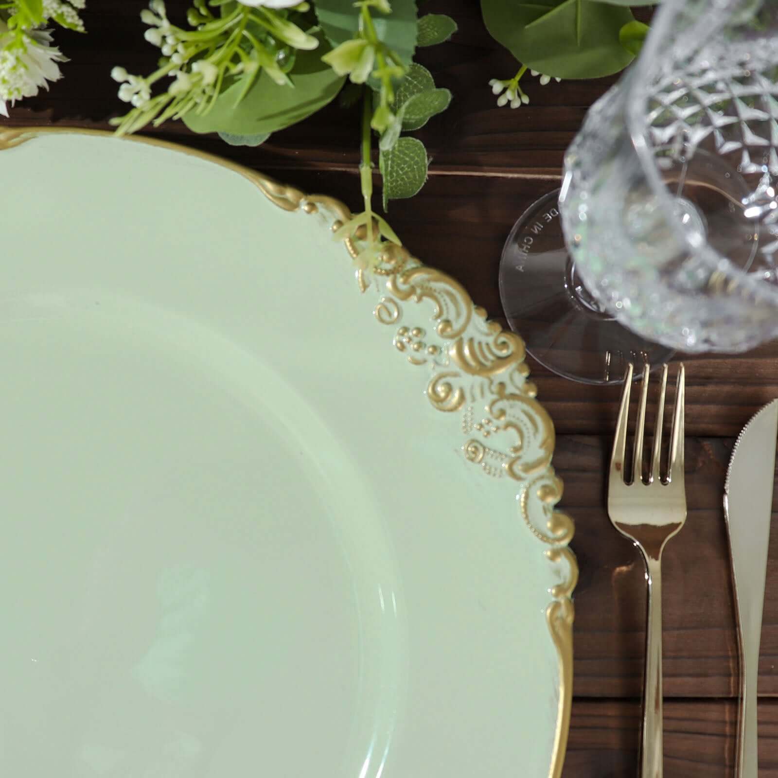 6-Pack Acrylic Round Charger Plates 13" in Sage Green with Gold Embossed Baroque Rim, Antique Decorative Dinner Party Charger Tableware