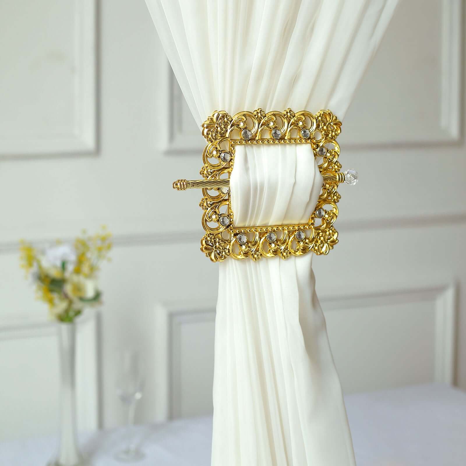 Set of 2 7" Gold Barrette Style Diamond Backdrop Drapery Holdbacks, Square Acrylic Crystal Curtain Brooch Tie Backs