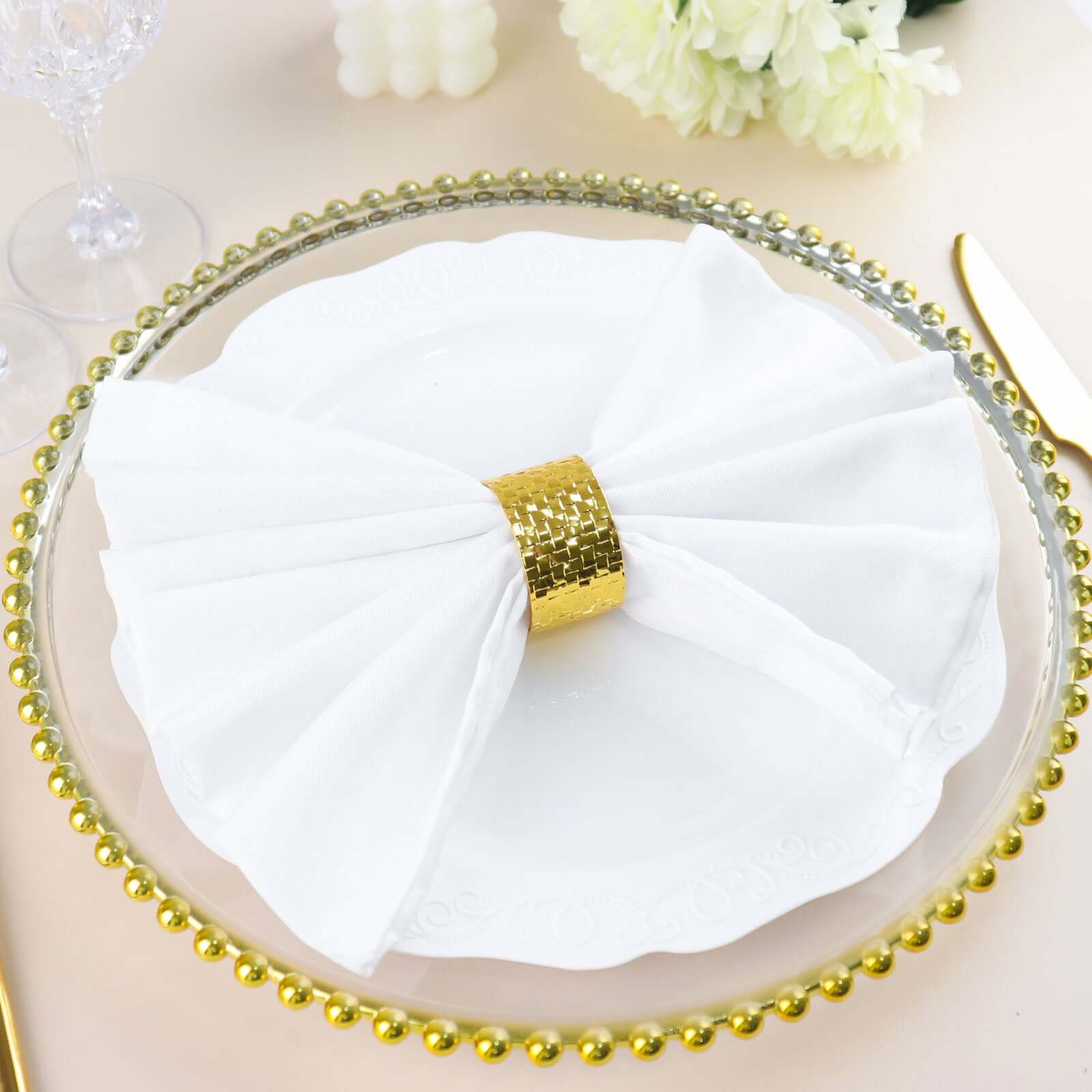 4 Pack Shiny Gold Basket Weave Napkin Rings, Metallic Napkin Holders