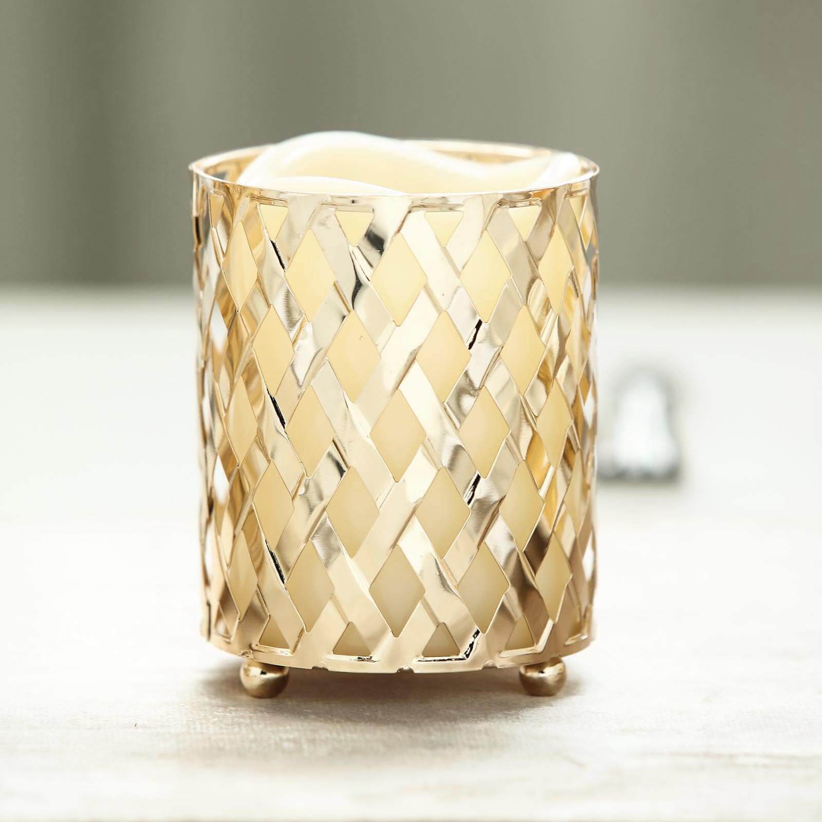 2-Pack Votive Candle Holders Gold Metal Diamond Cut Geometric Design - Perfect for Home Décor and Events 4"
