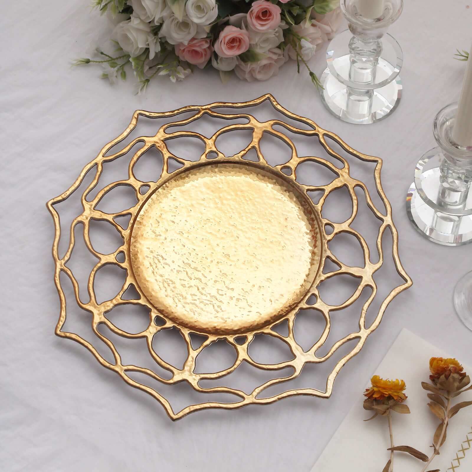 6-Pack Acrylic Round Charger Plates 13" in Gold with Floral Cutout Design, Hollow Flower Plastic Decorative Dinner Party Charger Tableware