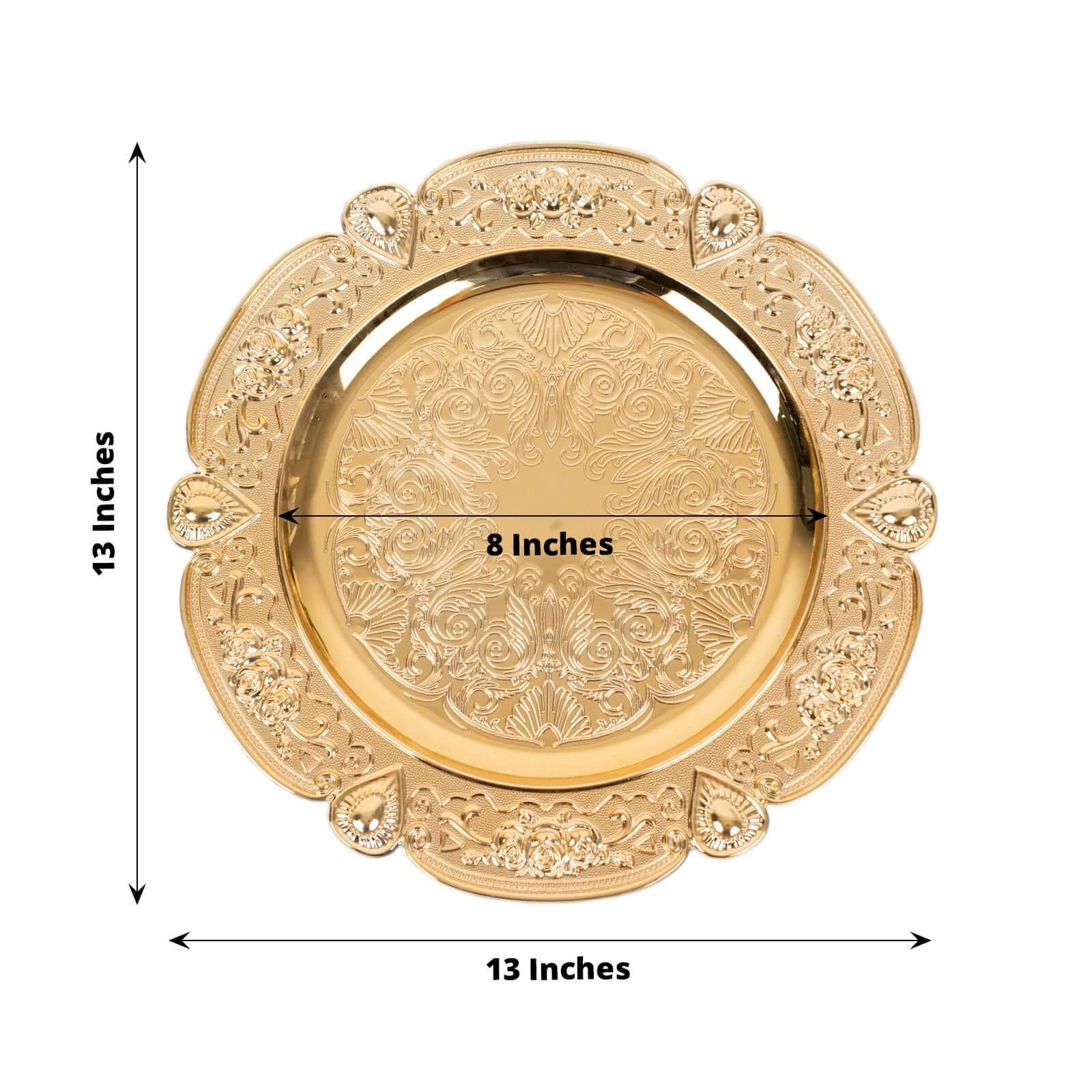 6-Pack Acrylic Round Charger Plates 13" in Gold Floral Embossed with Scalloped Rim, Plastic Decorative Charger Tableware