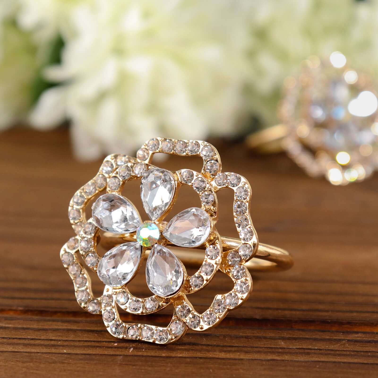 4 Pack Diamond Rhinestone Gold Metal Rose Flower Napkin Rings, Decorative Napkin Buckle Holders
