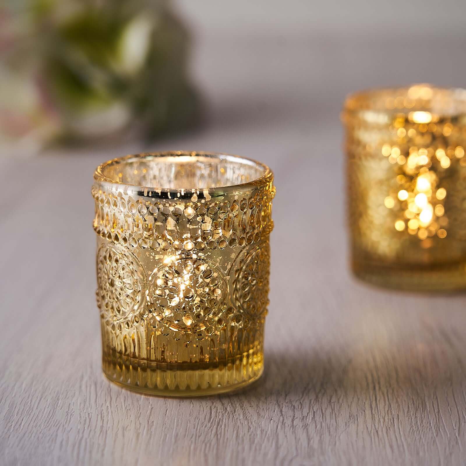 6-Pack Gold Glass Votive Tealight Holders - Stylish Primrose Design for Weddings & Décor