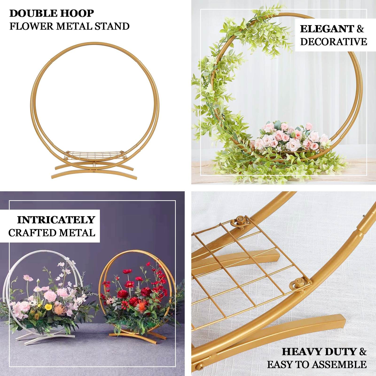Double Frame Hoop Table Centerpiece Metal Gold - Wedding Cake Display & Flower Stand 24"