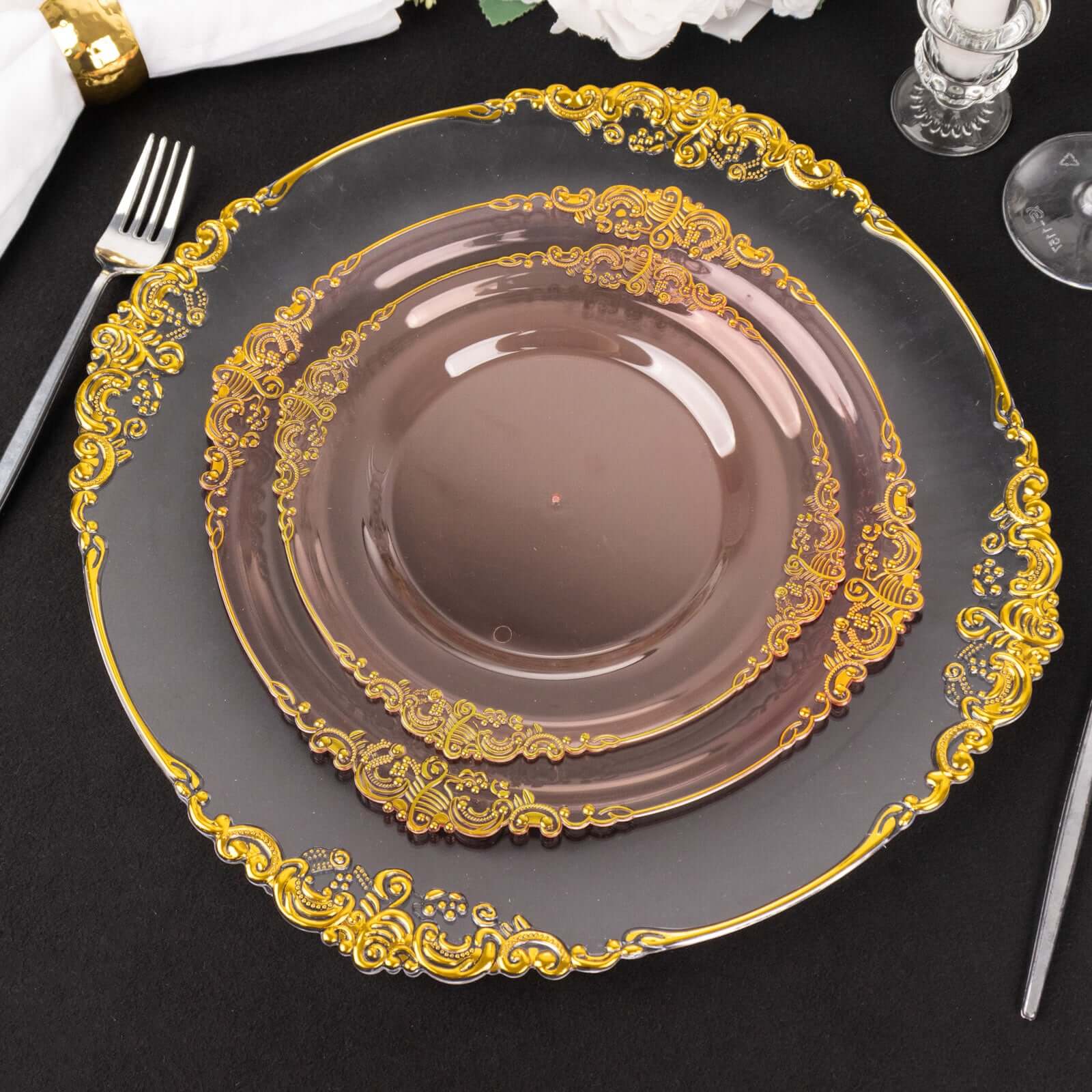 10-Pack Plastic 10" Round Dinner Plates in Transparent Blush with Gold Leaf Embossed Rim - Disposable Vintage Baroque Style Plates