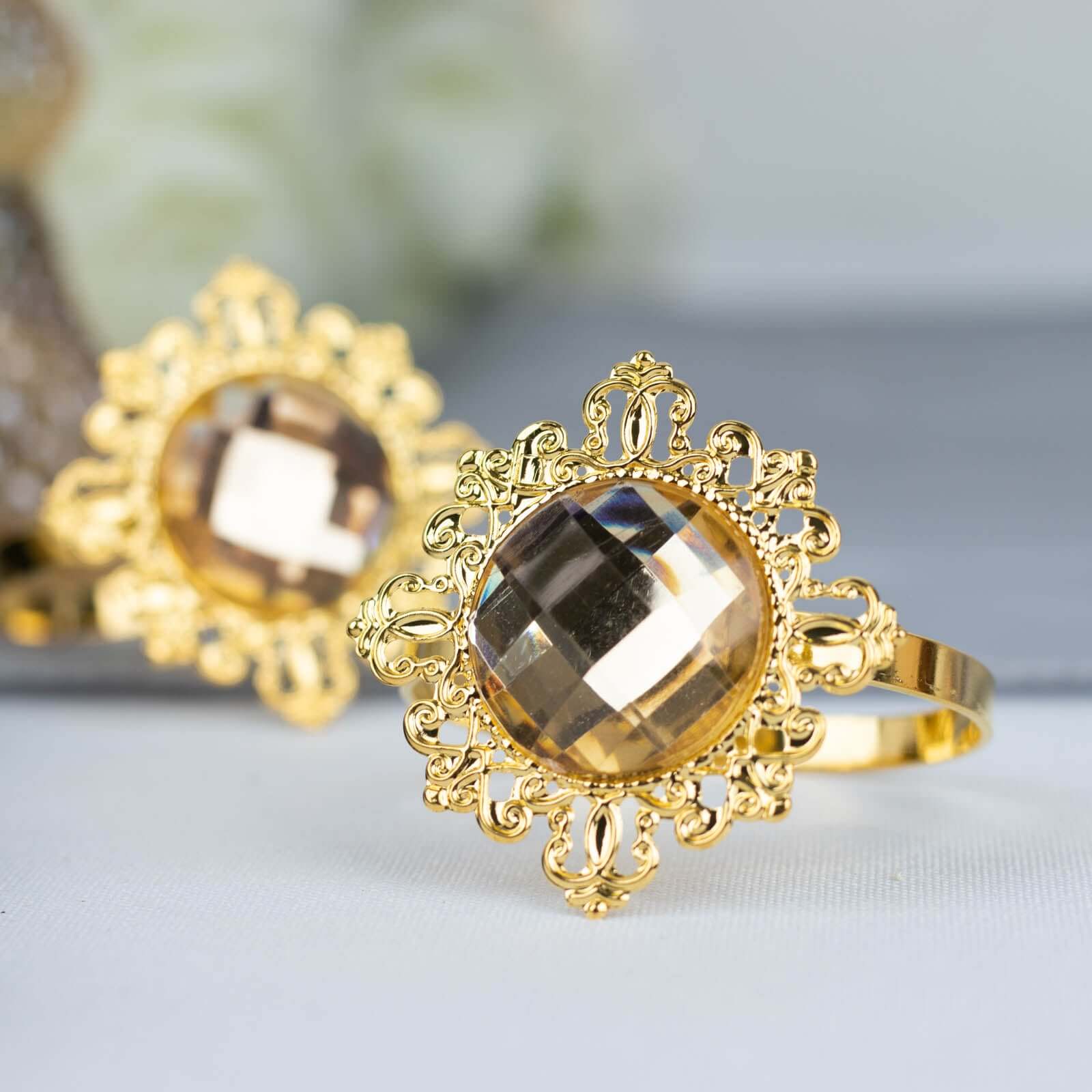 6 Pack 2" Gold Metal Crystal Rhinestone Napkin Rings, Diamond Bling Napkin Holders