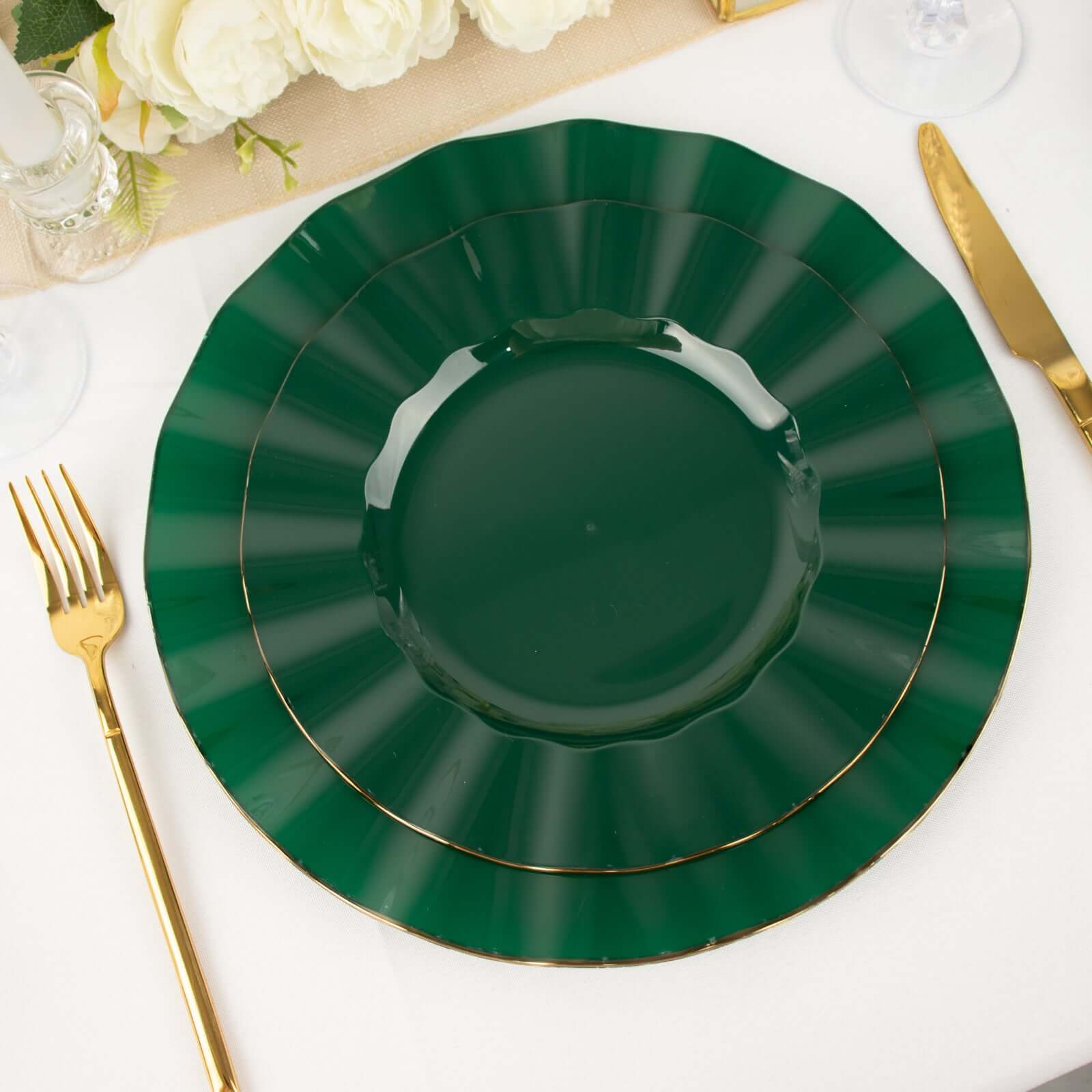 10-Pack Plastic 9" Round Dinner Plates in Hunter Emerald Green Ruffled Rim with Gold Edging - Sturdy Disposable Dinnerware